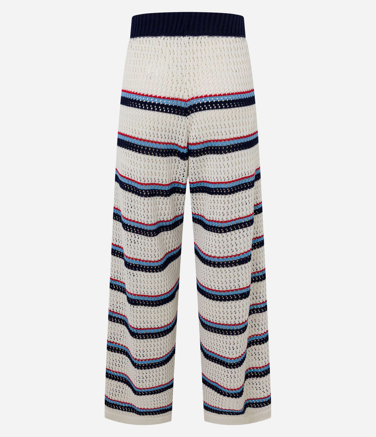 Calça Pantalona Cintura Alta em Tricô com Listras Variadas Off White/Azul/Rosa 7