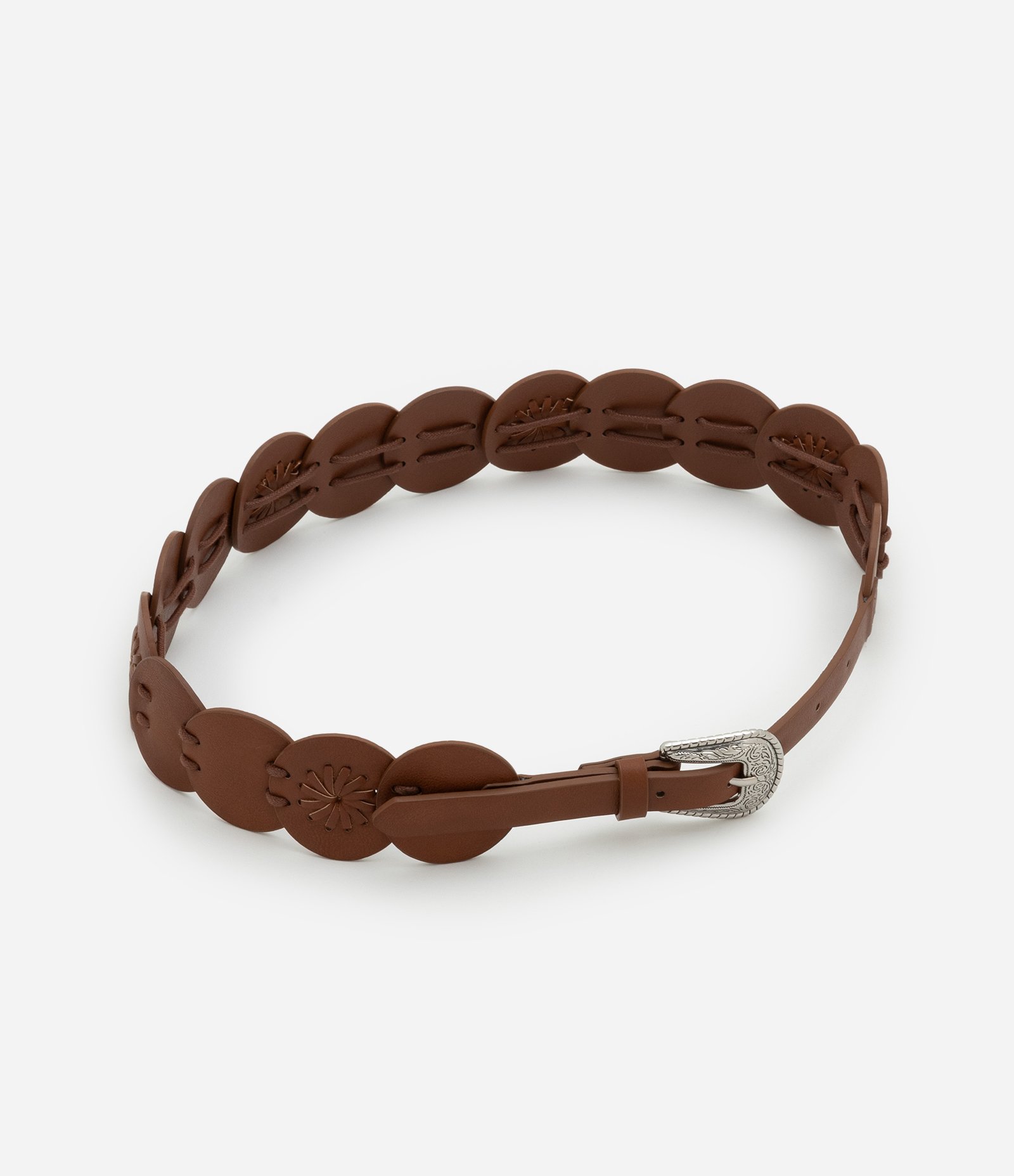 Cinto Western Médio em PU com Discos e Fivela Gravada Marrom 2