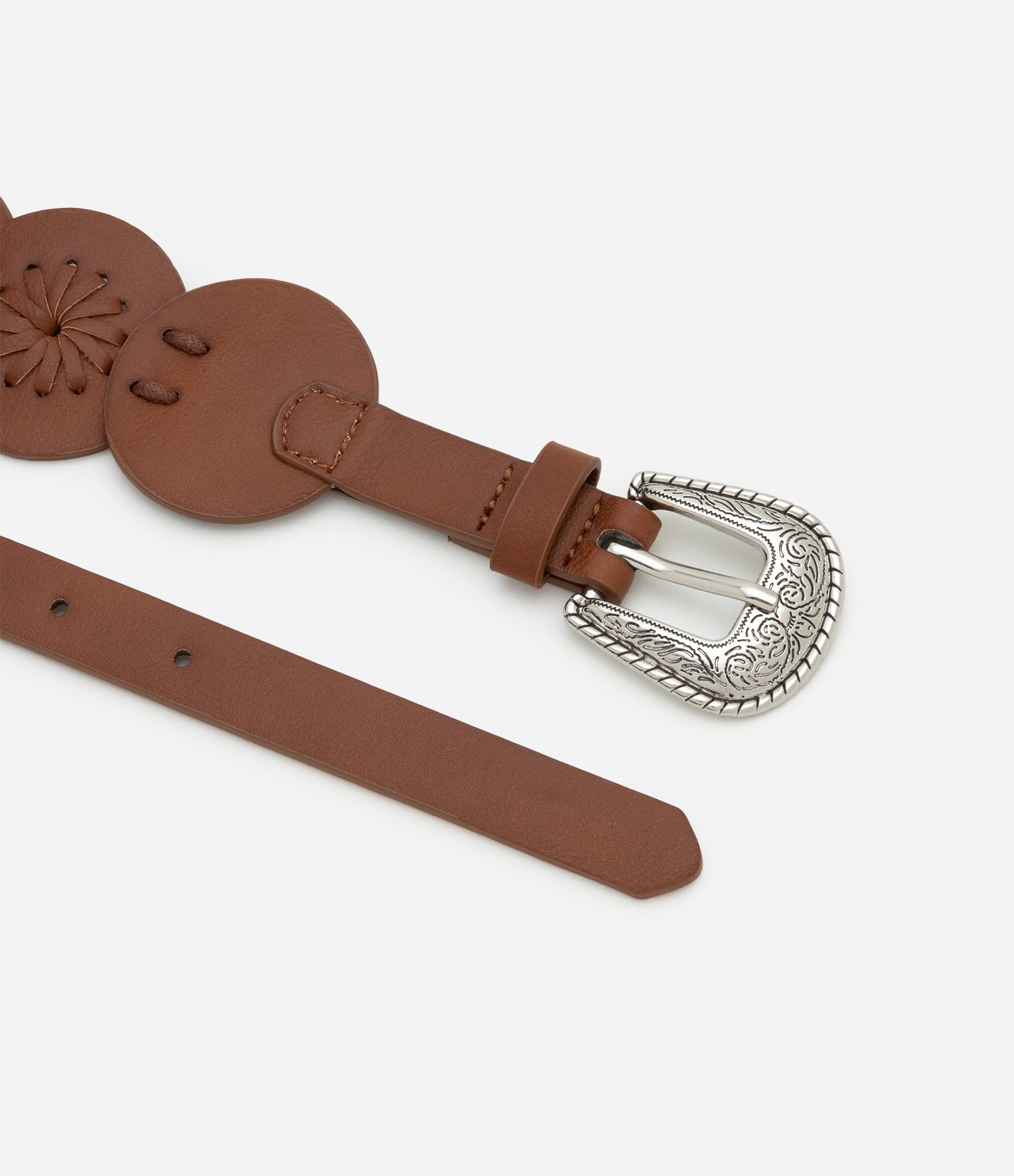 Cinto Western Médio em PU com Discos e Fivela Gravada Marrom 4