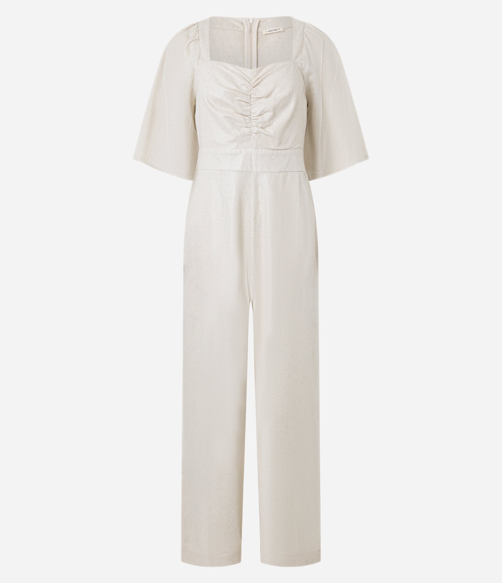 Macacão Wide Leg em Viscolinho com Franzido no Busto Bege 5