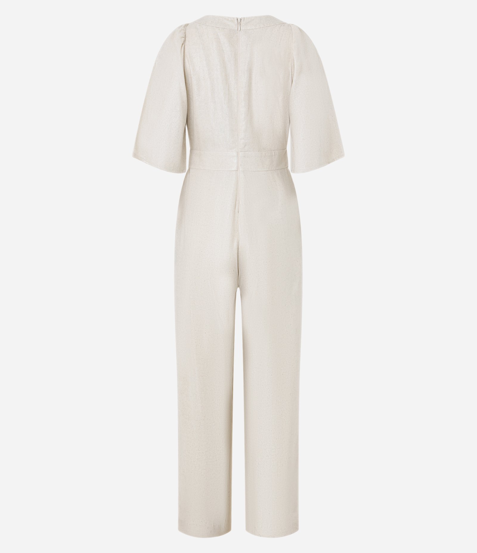 Macacão Wide Leg em Viscolinho com Franzido no Busto Bege 8