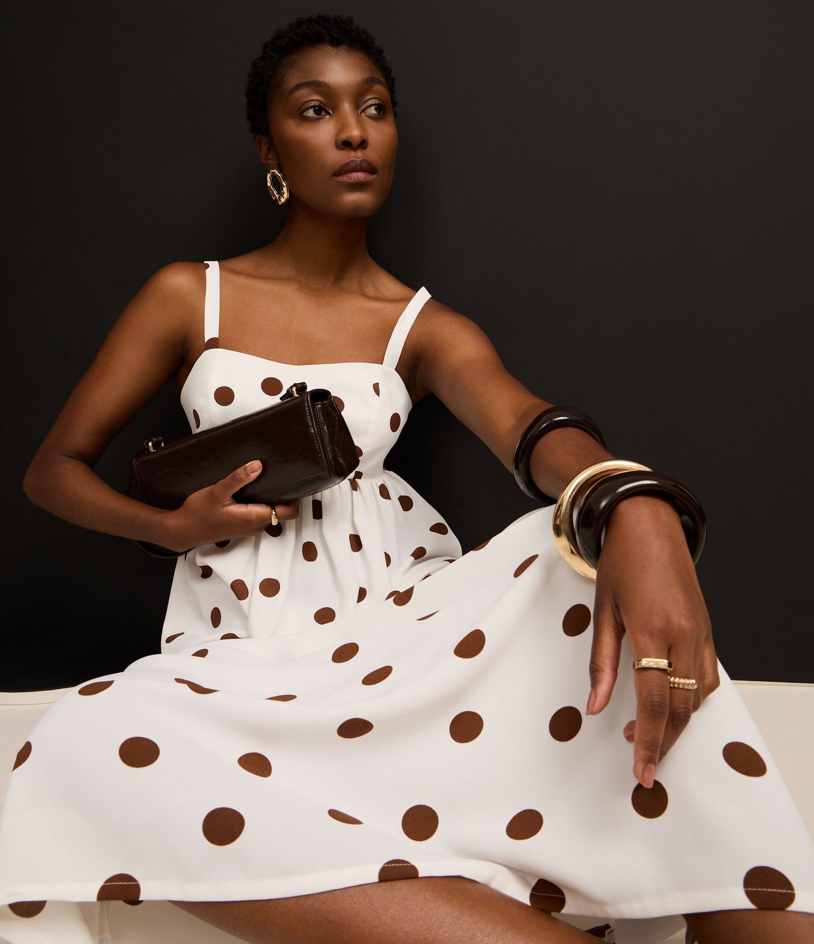 Vestido Evasê Midi em Airflow com Estampa Poá Branco/Marrom 7