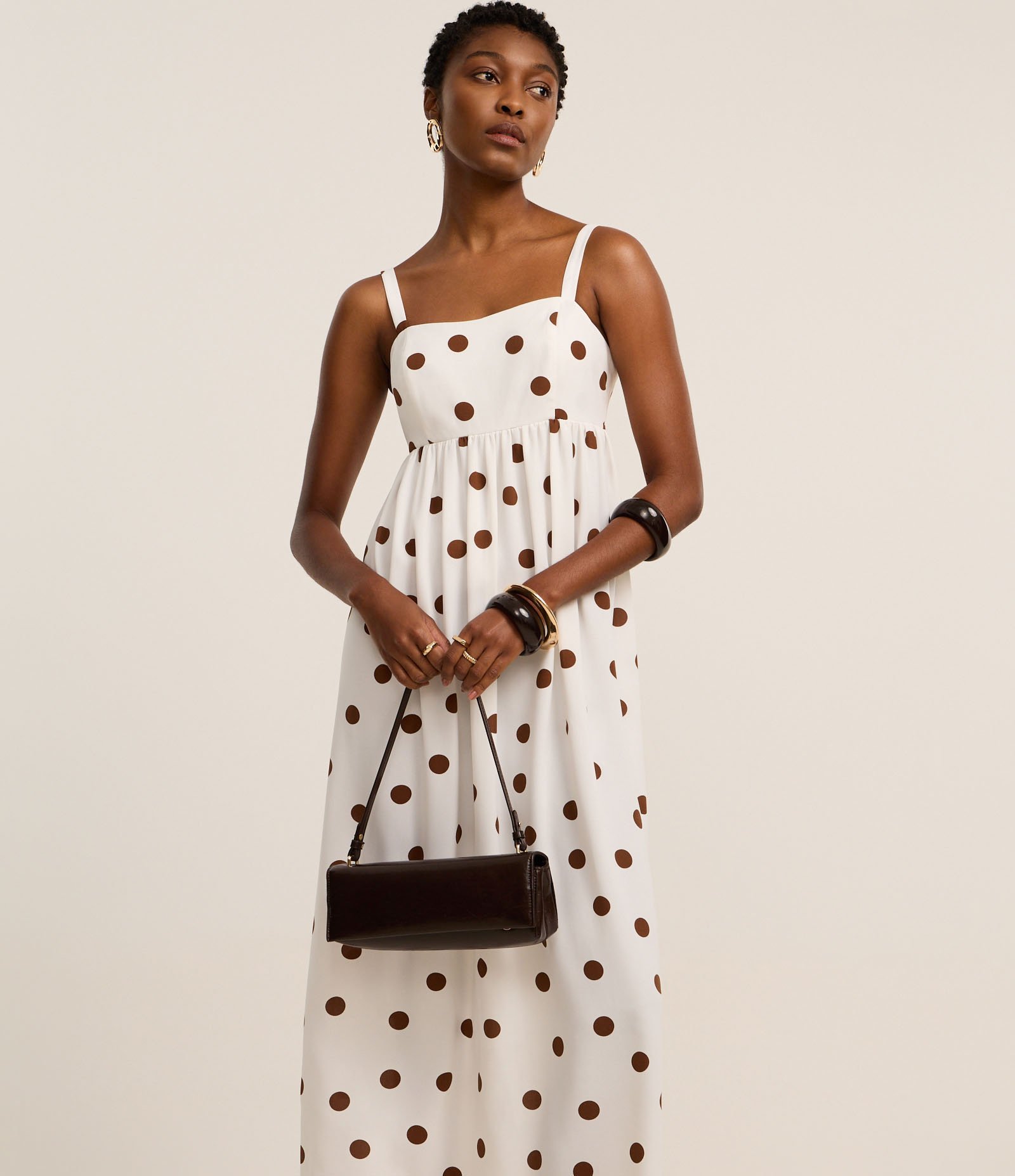 Vestido Evasê Midi em Airflow com Estampa Poá Branco/Marrom 2