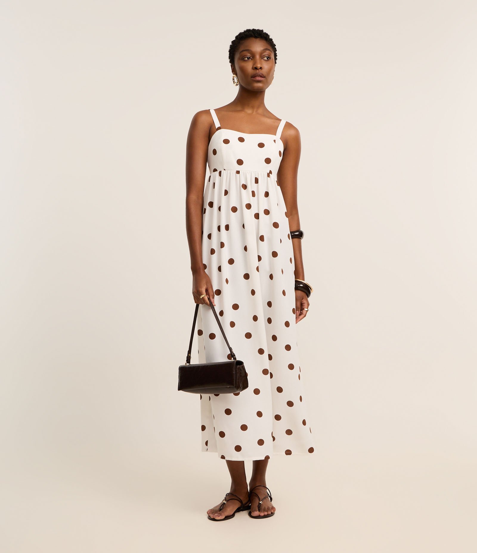 Vestido Evasê Midi em Airflow com Estampa Poá Branco/Marrom 3