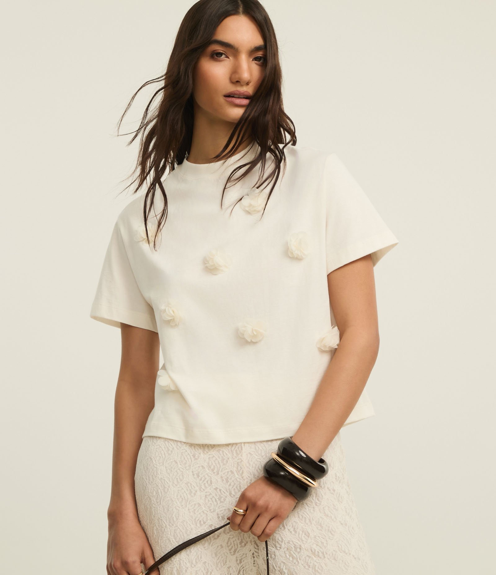 Blusa em Algodão com Flores de Organza Aplicadas Off White 1