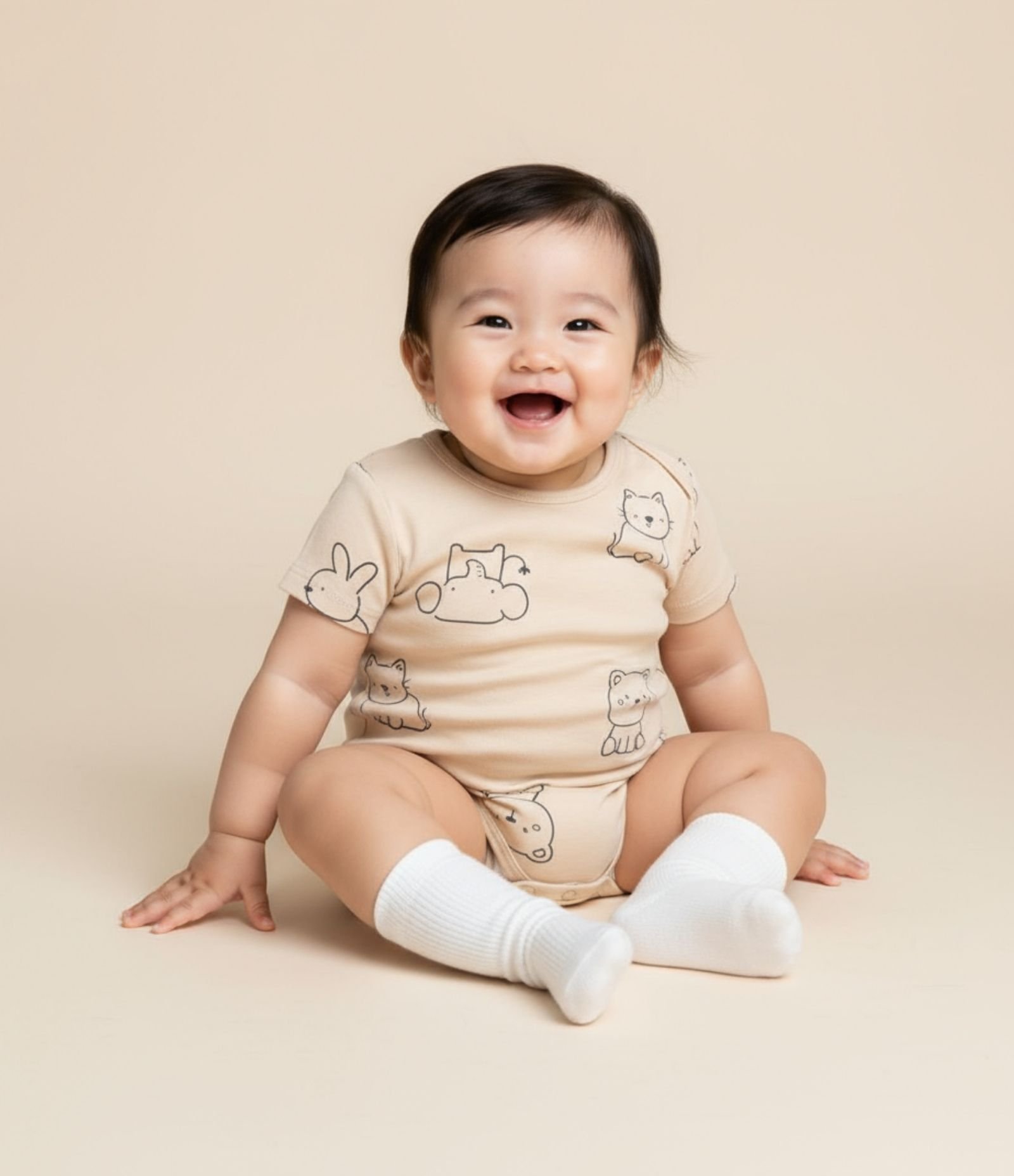 Body Infantil em Algodão com Estampa Bichinhos - Tam RN a 18 meses Bege 1