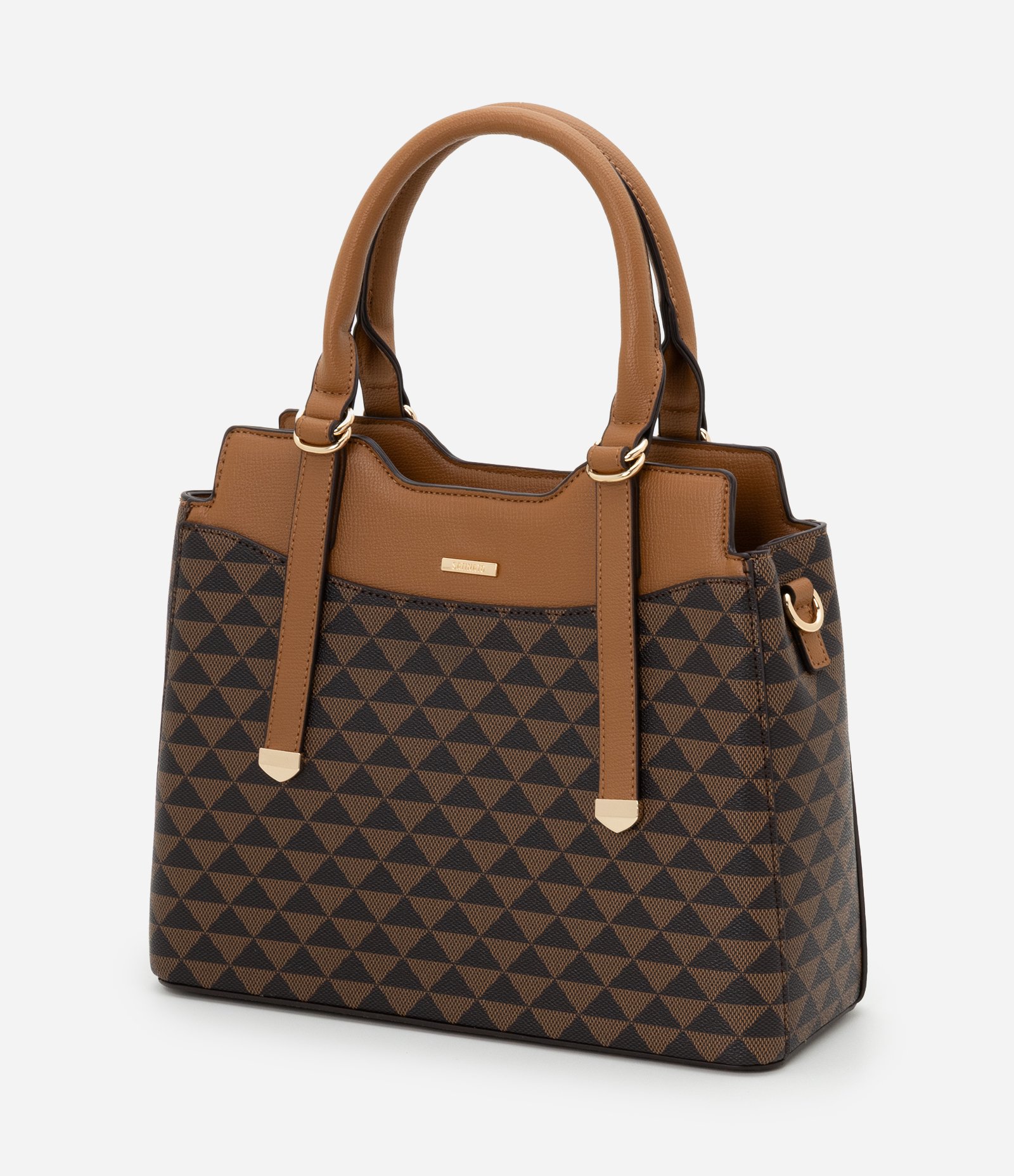 Bolsa Satchel Média com Estampa Triângular e Detalhes em Metal Marrom 7