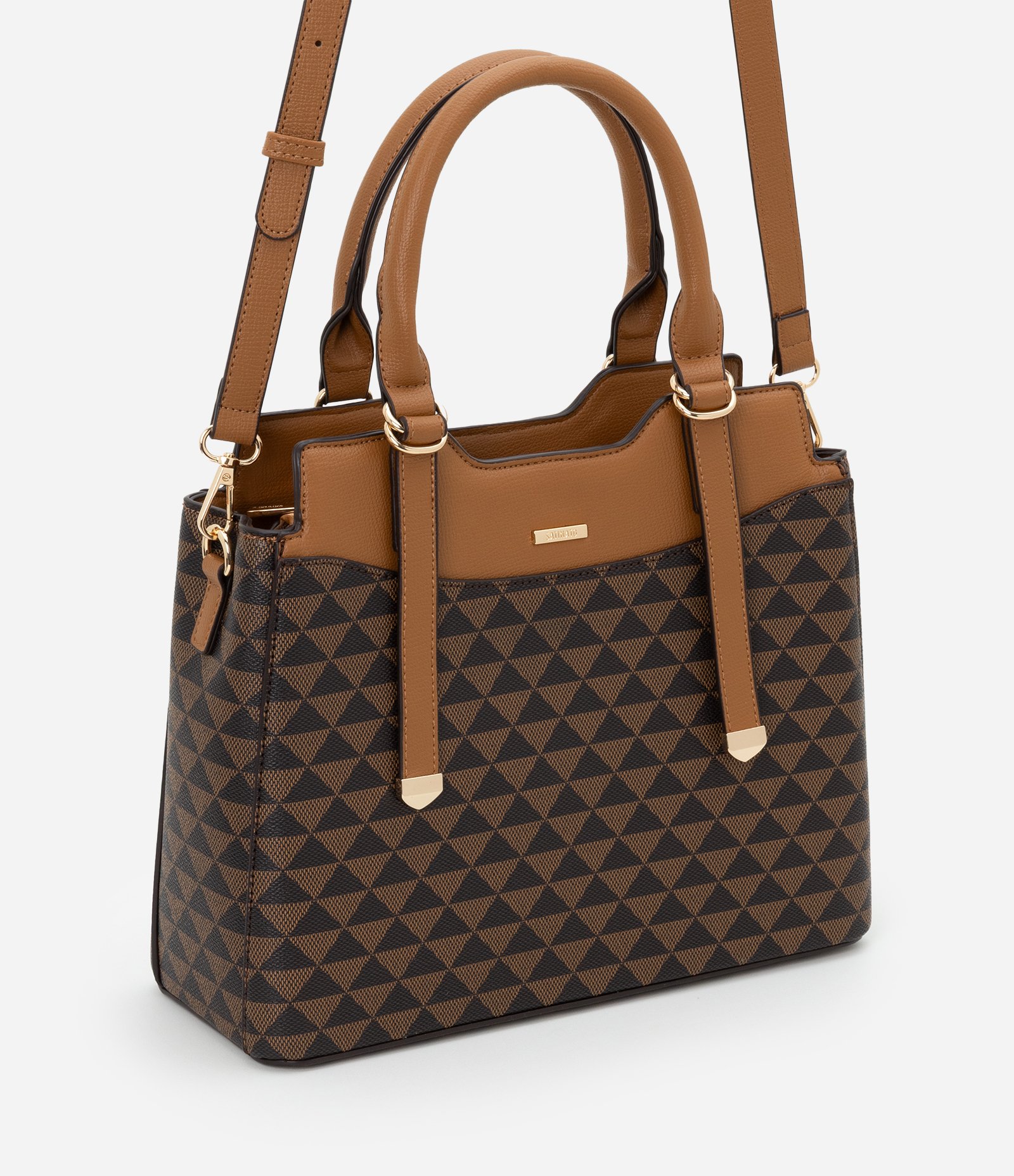 Bolsa Satchel Média com Estampa Triângular e Detalhes em Metal Marrom 1