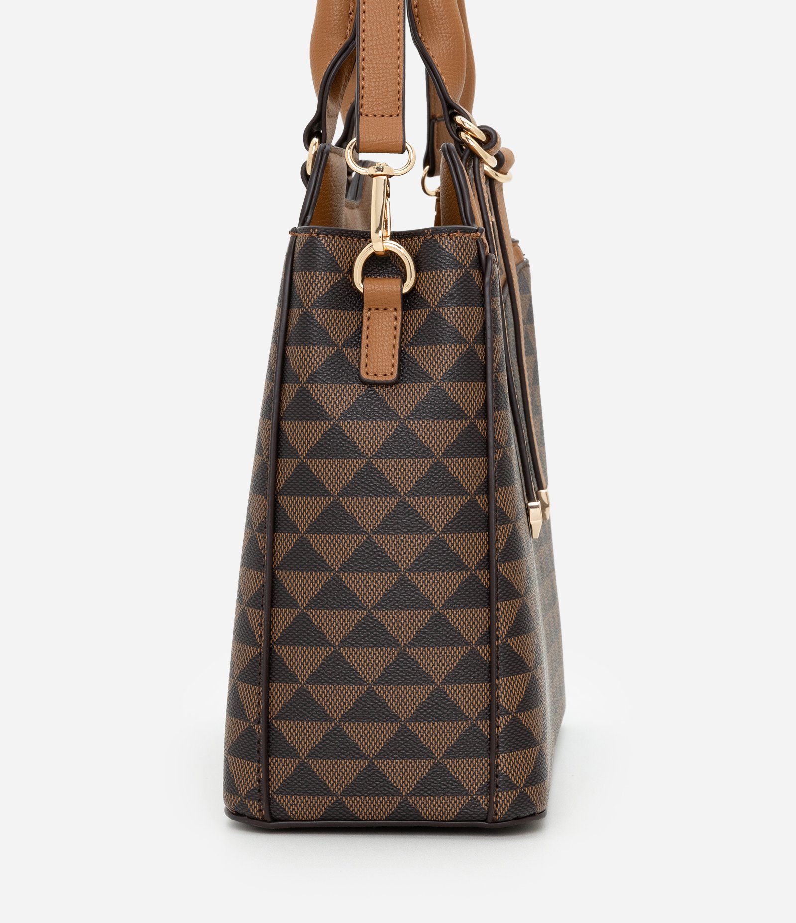 Bolsa Satchel Média com Estampa Triângular e Detalhes em Metal Marrom 2
