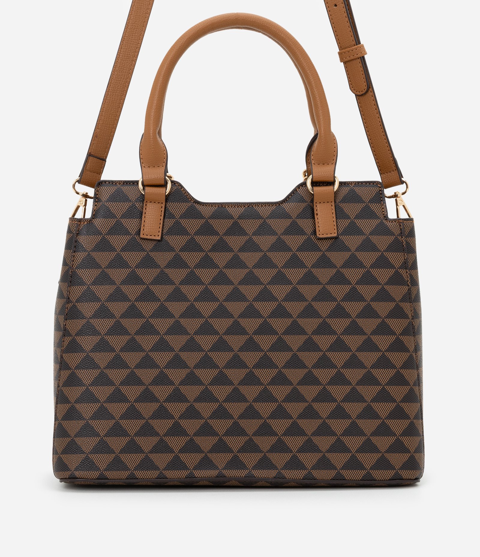Bolsa Satchel Média com Estampa Triângular e Detalhes em Metal Marrom 3