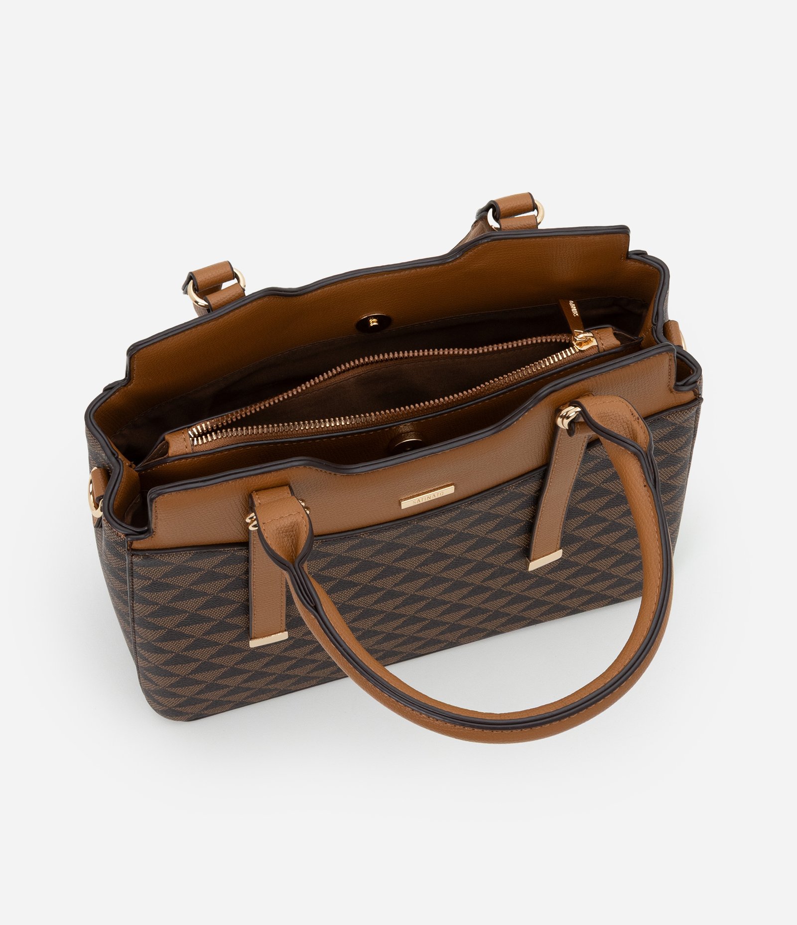 Bolsa Satchel Média com Estampa Triângular e Detalhes em Metal Marrom 5