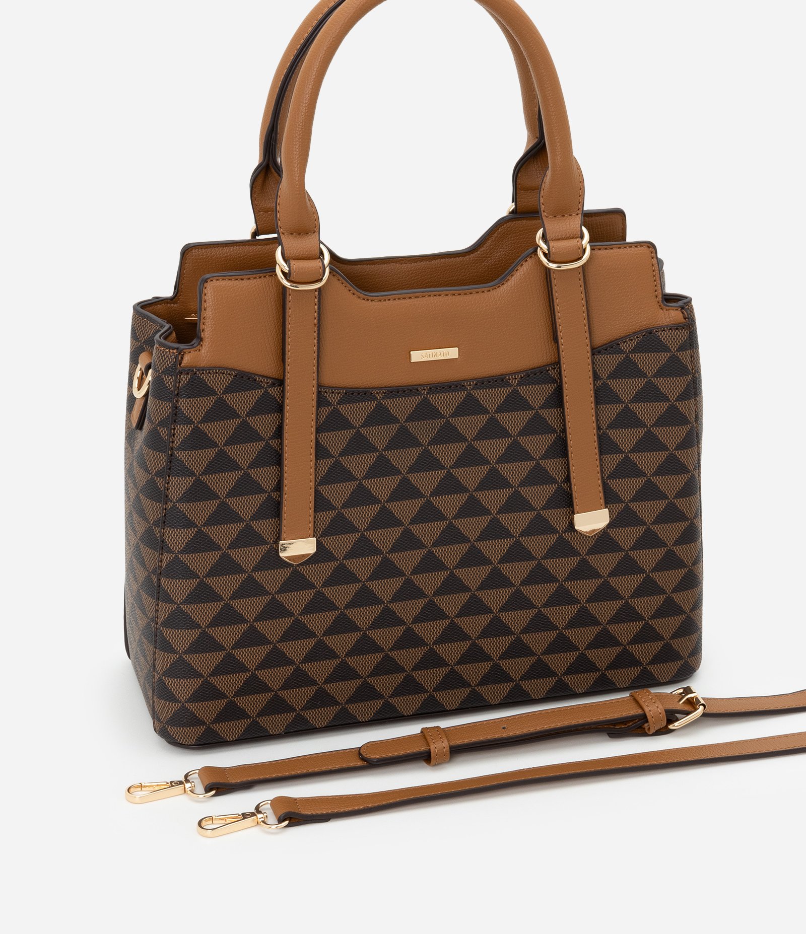 Bolsa Satchel Média com Estampa Triângular e Detalhes em Metal Marrom 6