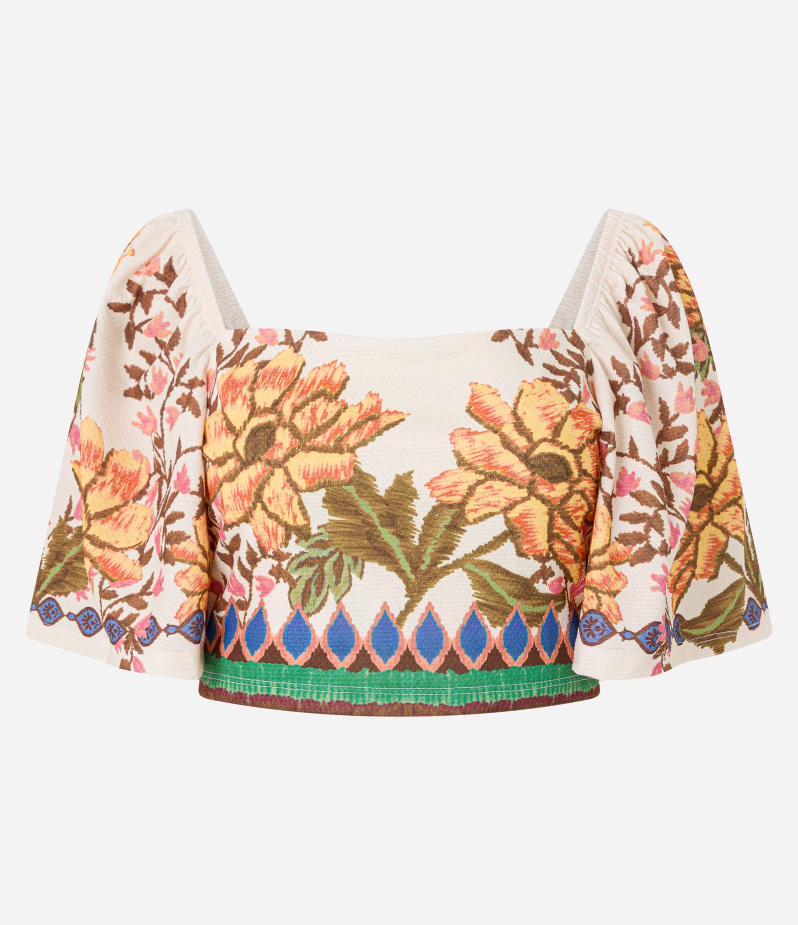 Blusa Cropped Texturizada com Manga Ampla e Estampa Floral Multicores 5