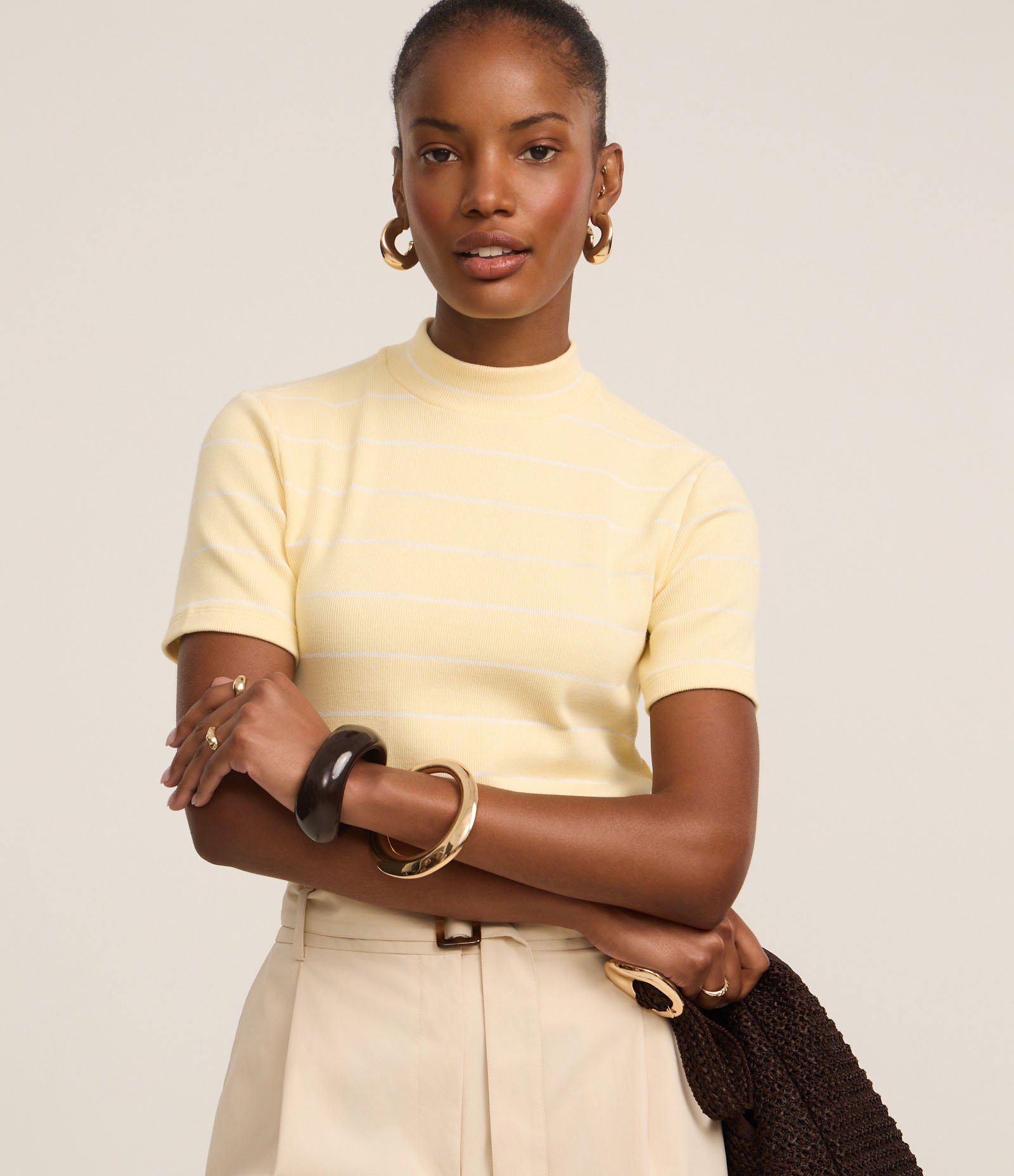 Blusa em Ribana com Golinha Média e Estampa Listrada Amarelo 1