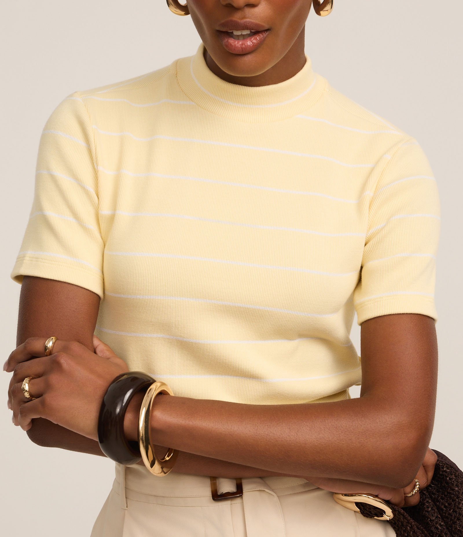 Blusa em Ribana com Golinha Média e Estampa Listrada Amarelo 4