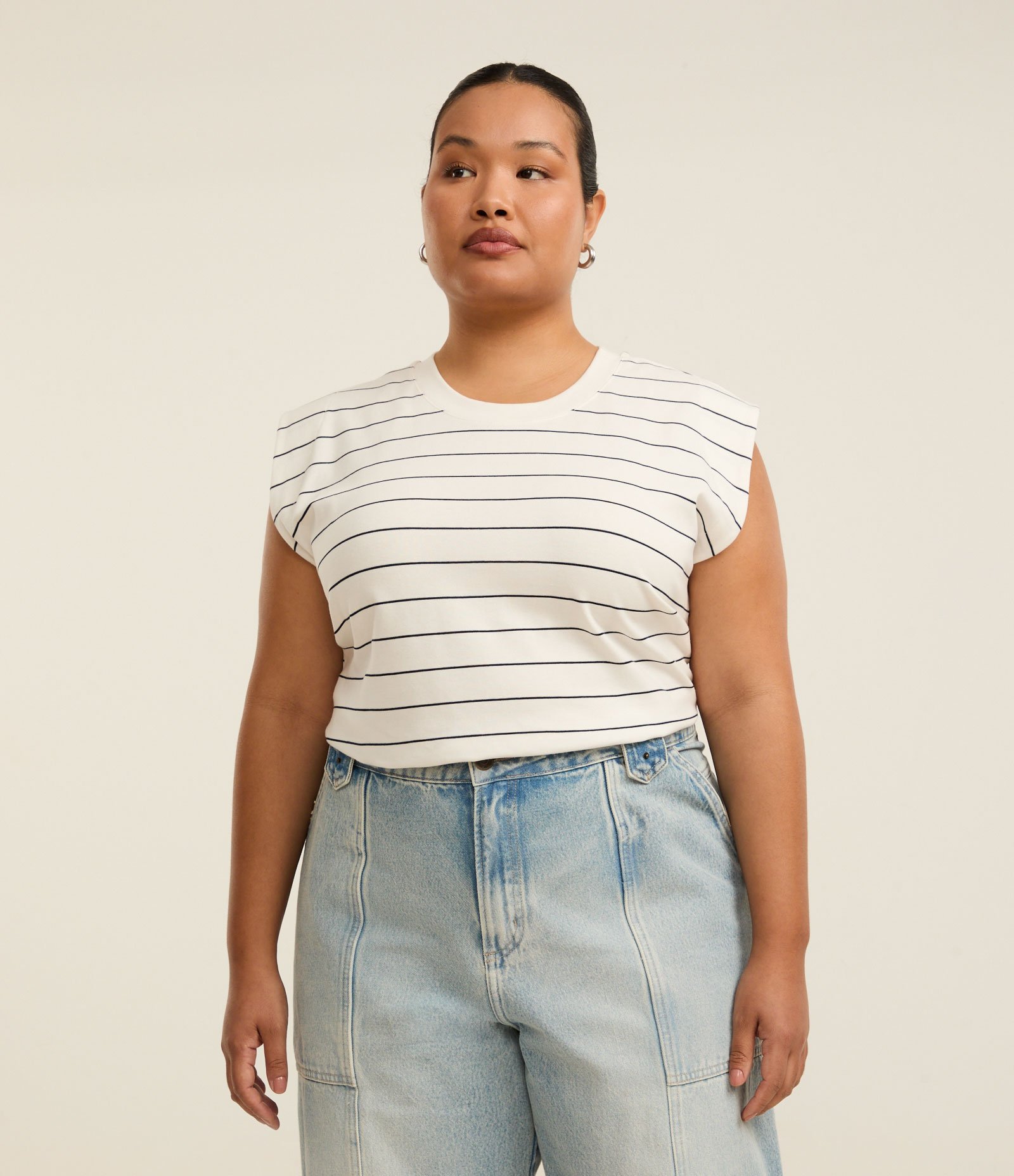 Blusa Regata em Ribana com Listras Curve & Plus Size Branco 1