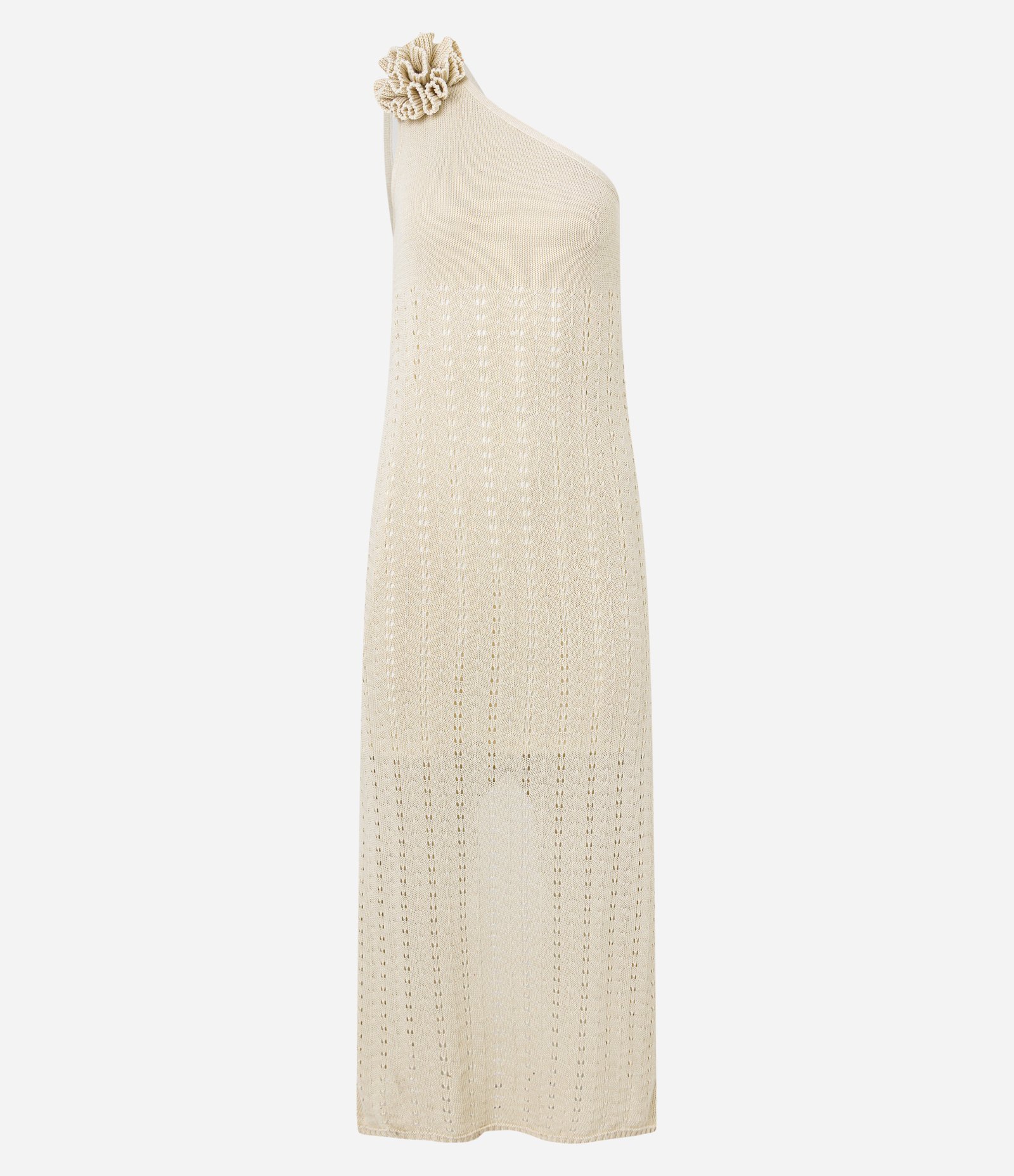 Vestido Long Midi Ombro Só em Tricô com Flor de Tecido Bege 6