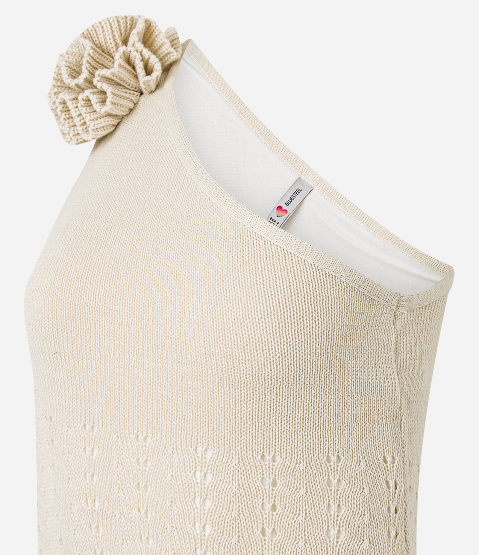 Vestido Long Midi Ombro Só em Tricô com Flor de Tecido Bege 8