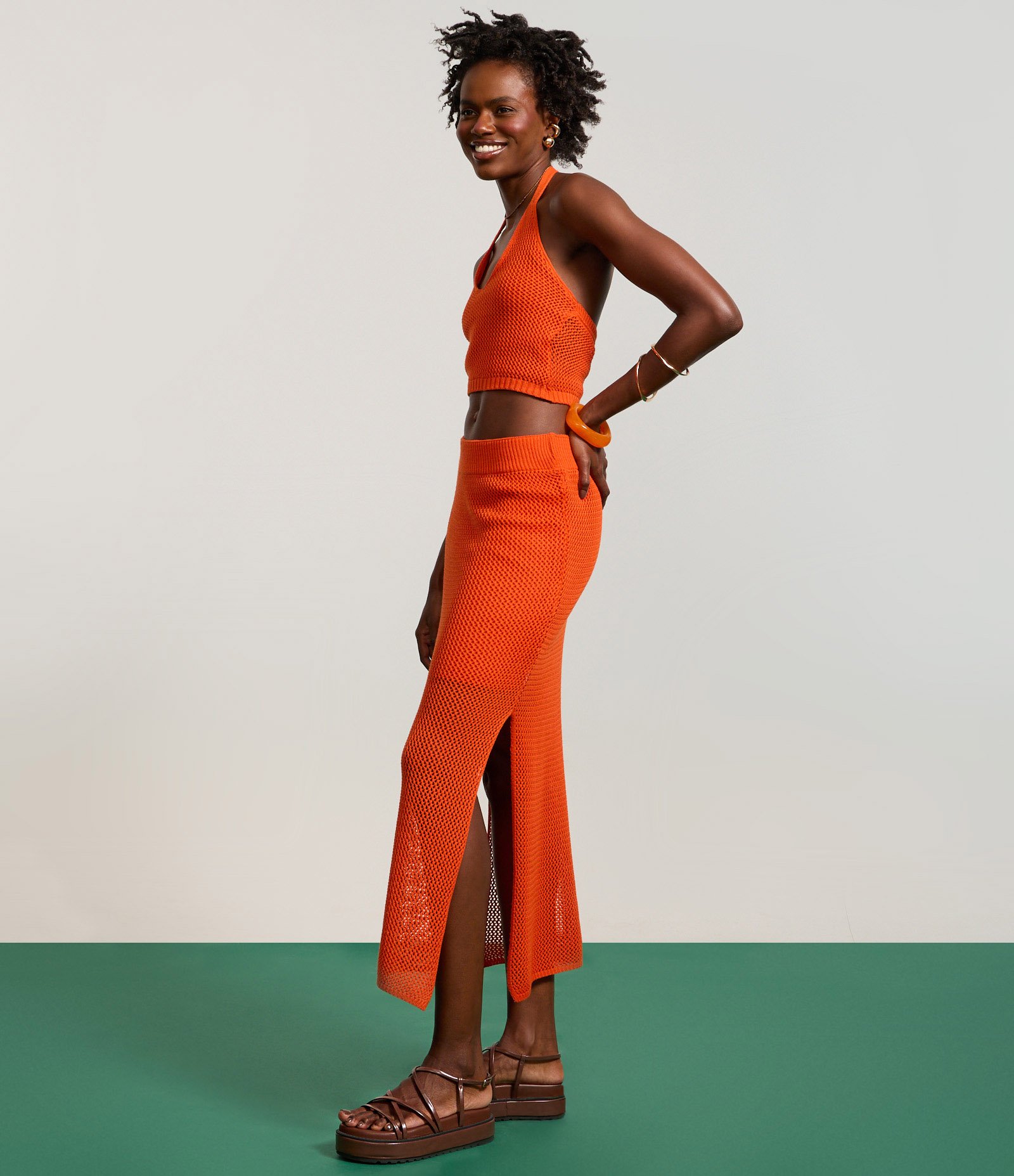 Saia Long Midi em Tricô com Textura de Ponto Aberto Laranja 6