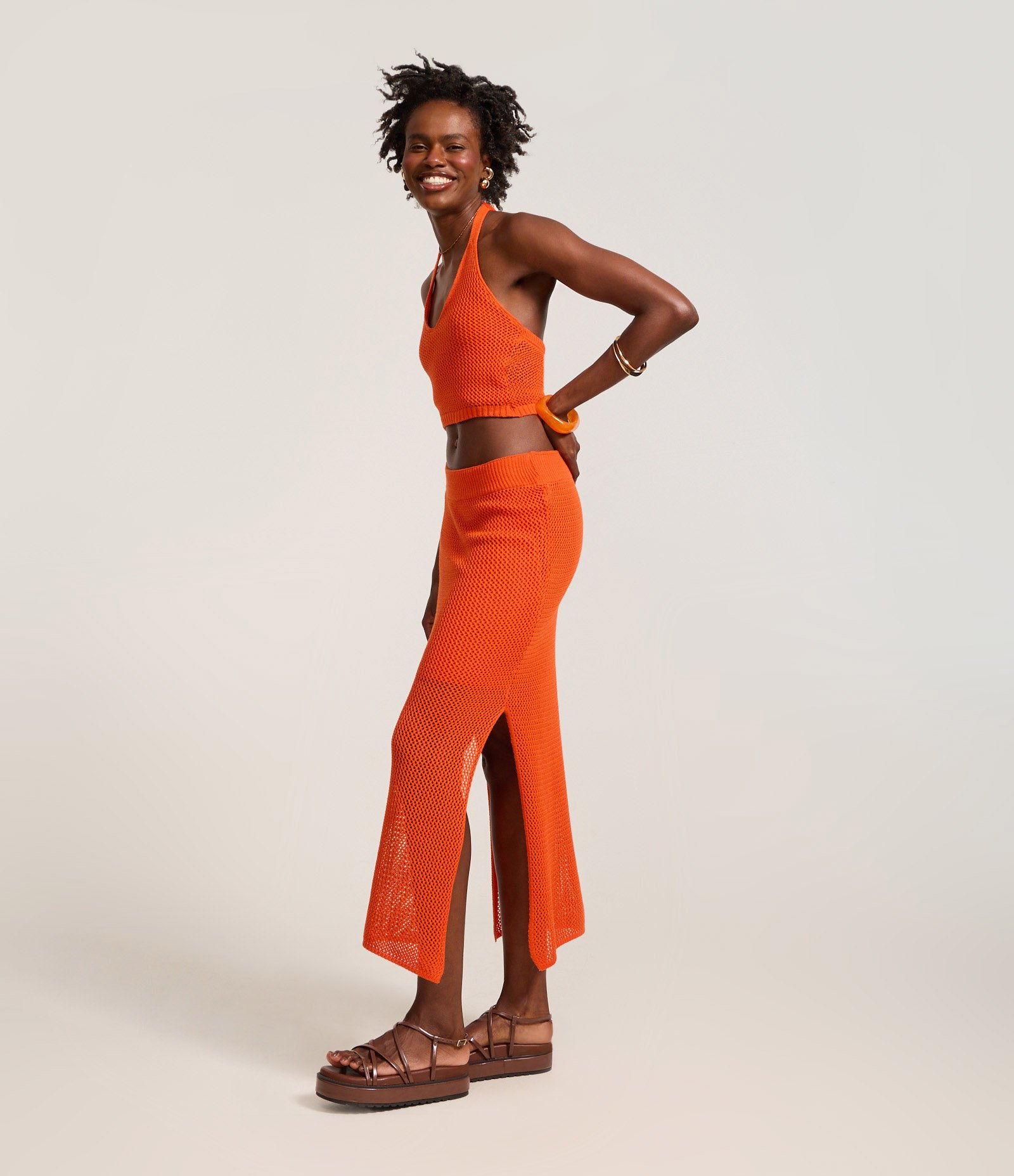Saia Long Midi em Tricô com Textura de Ponto Aberto Laranja 1