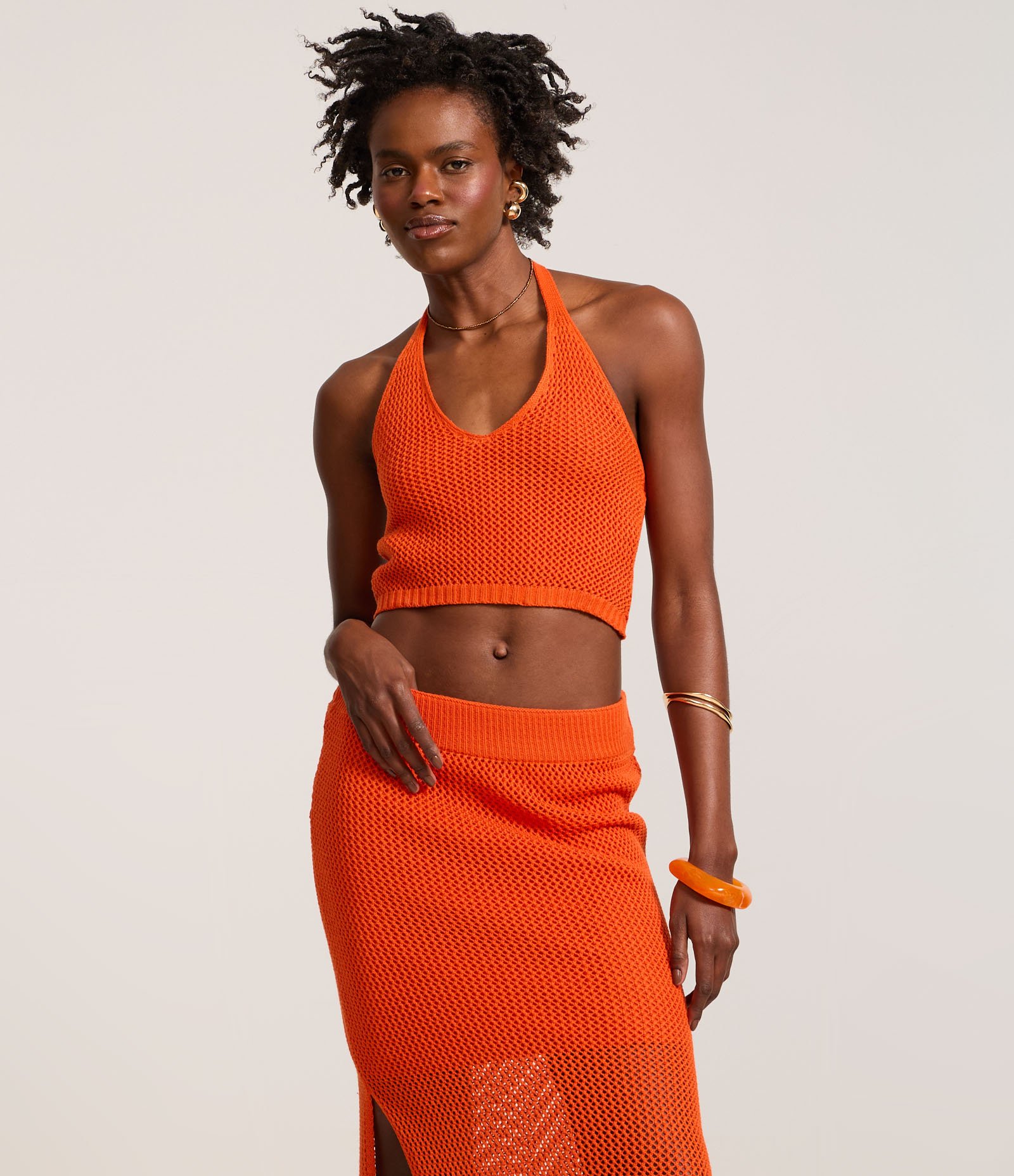 Saia Long Midi em Tricô com Textura de Ponto Aberto Laranja 2