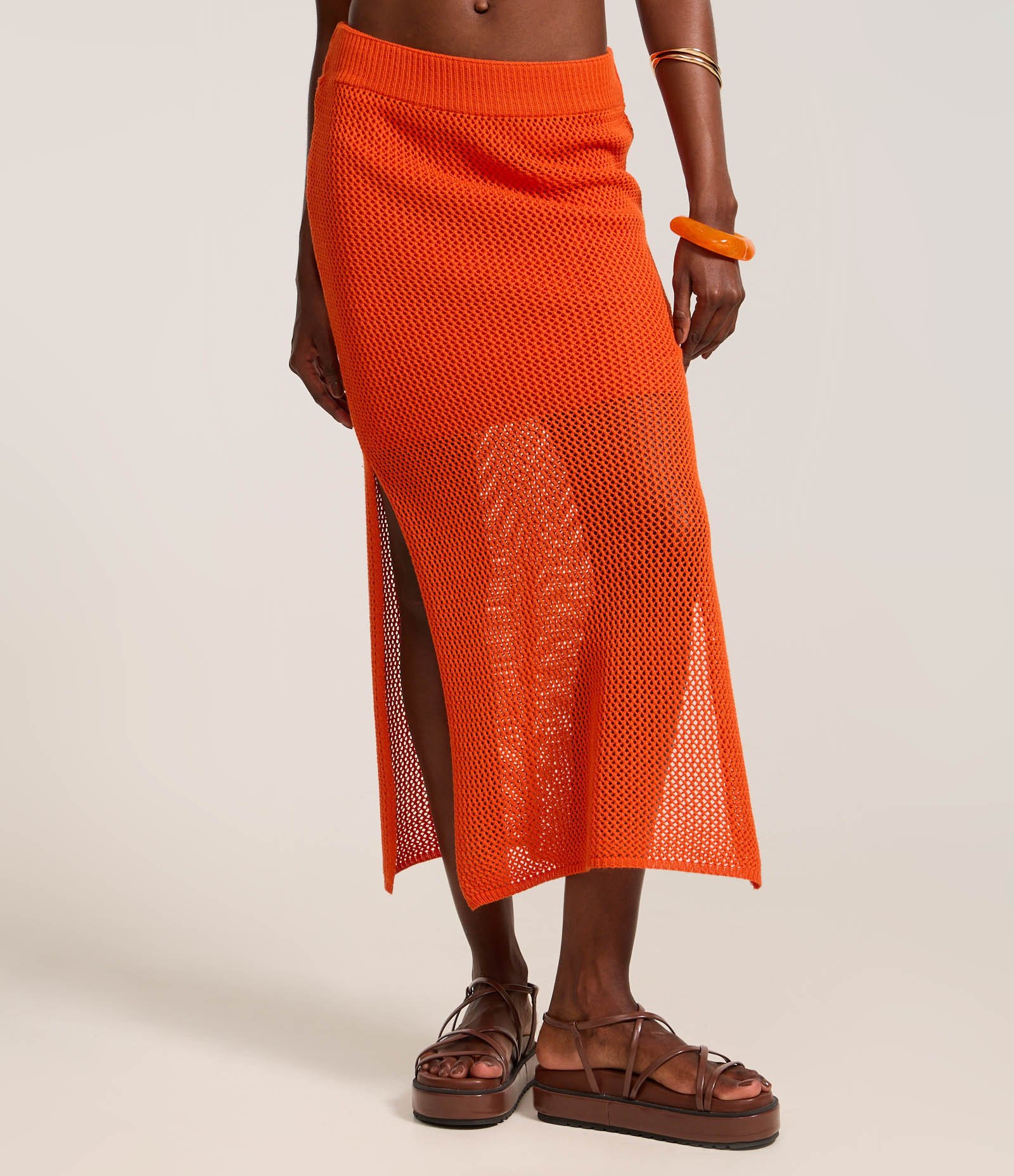 Saia Long Midi em Tricô com Textura de Ponto Aberto Laranja 3