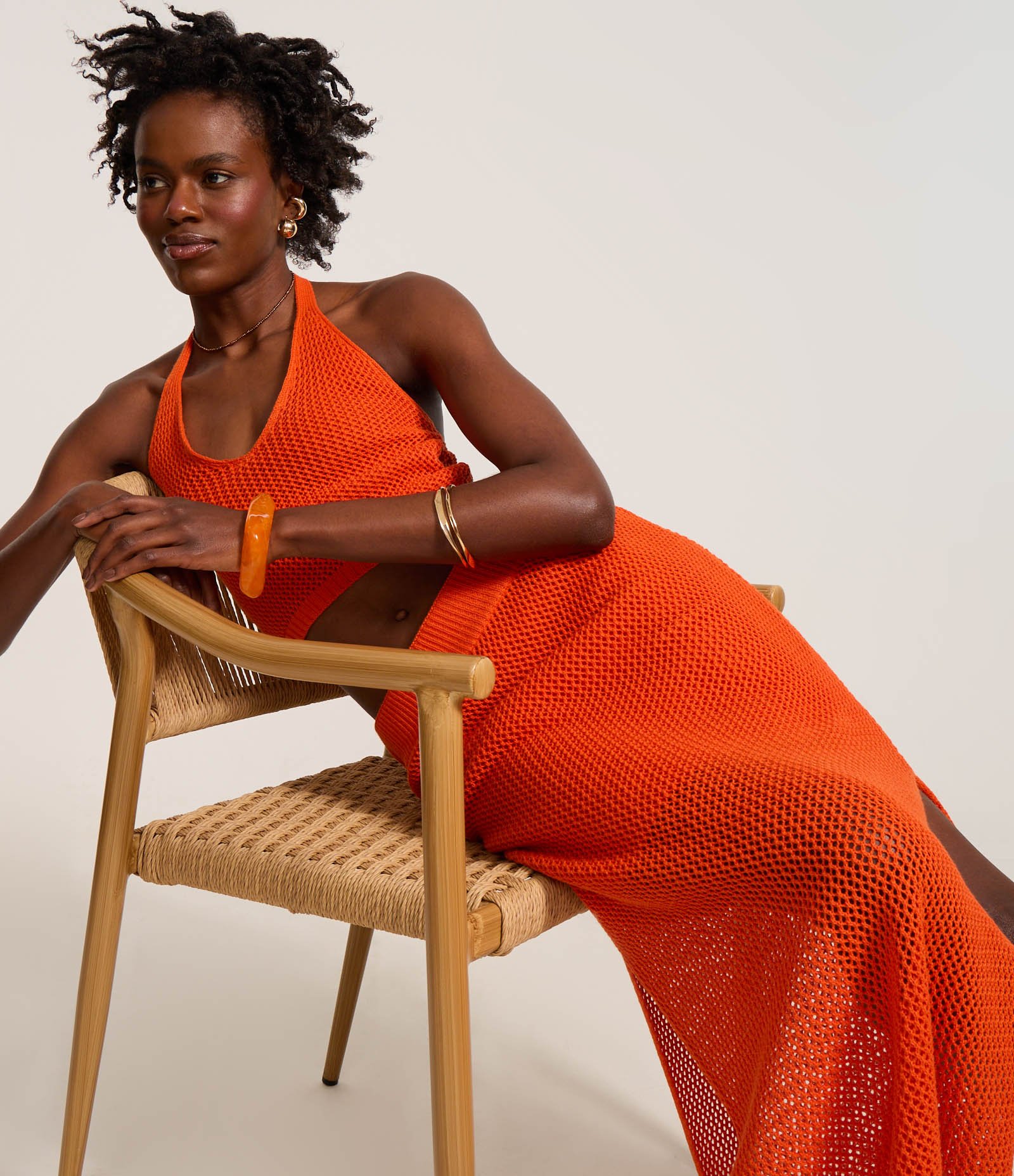 Saia Long Midi em Tricô com Textura de Ponto Aberto Laranja 5