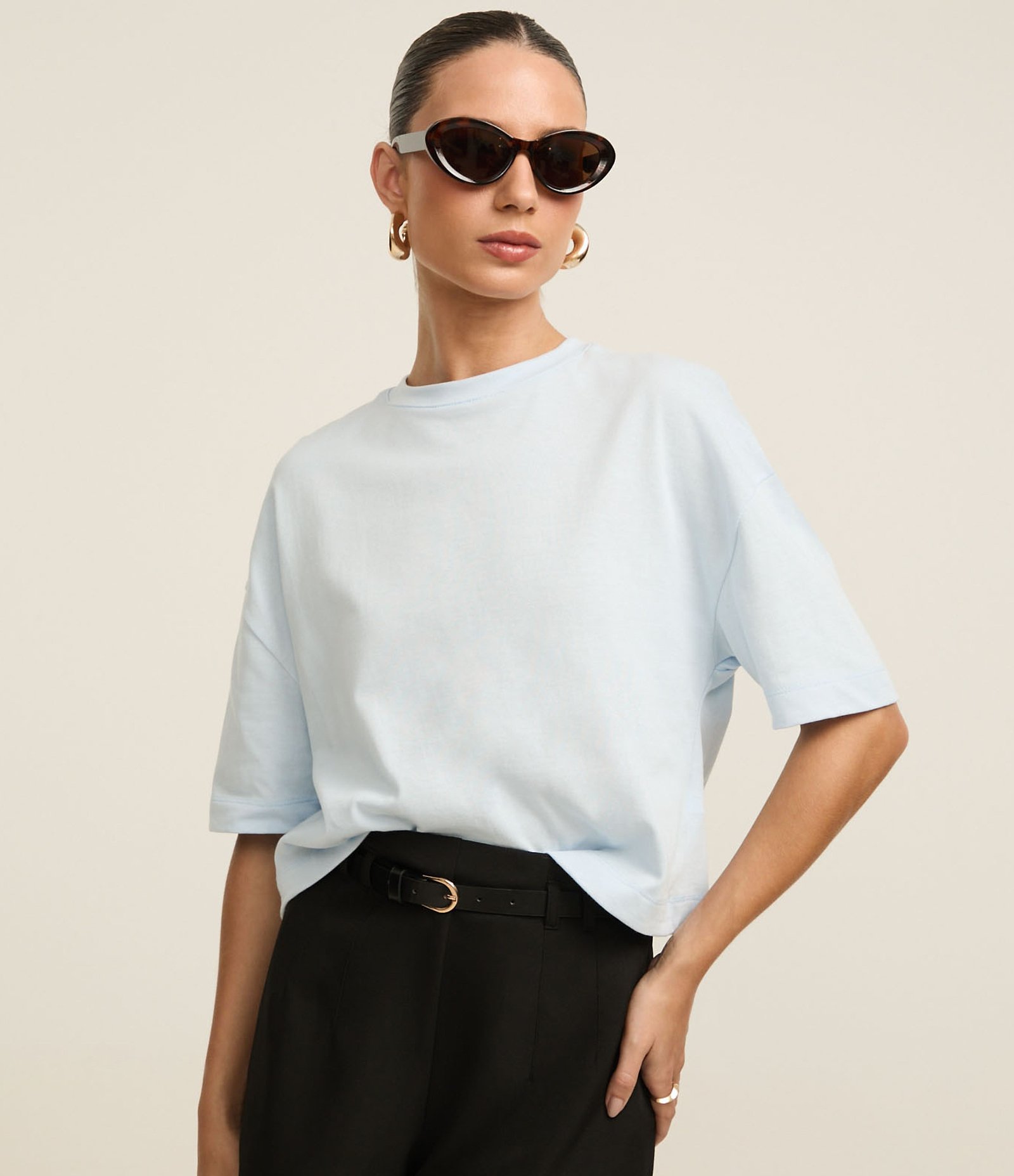 Camiseta Boxy em Algodão com Gola Redonda Azul 1