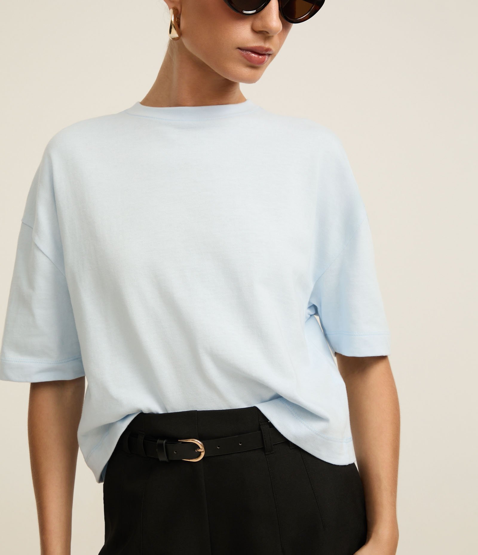 Camiseta Boxy em Algodão com Gola Redonda Azul 3