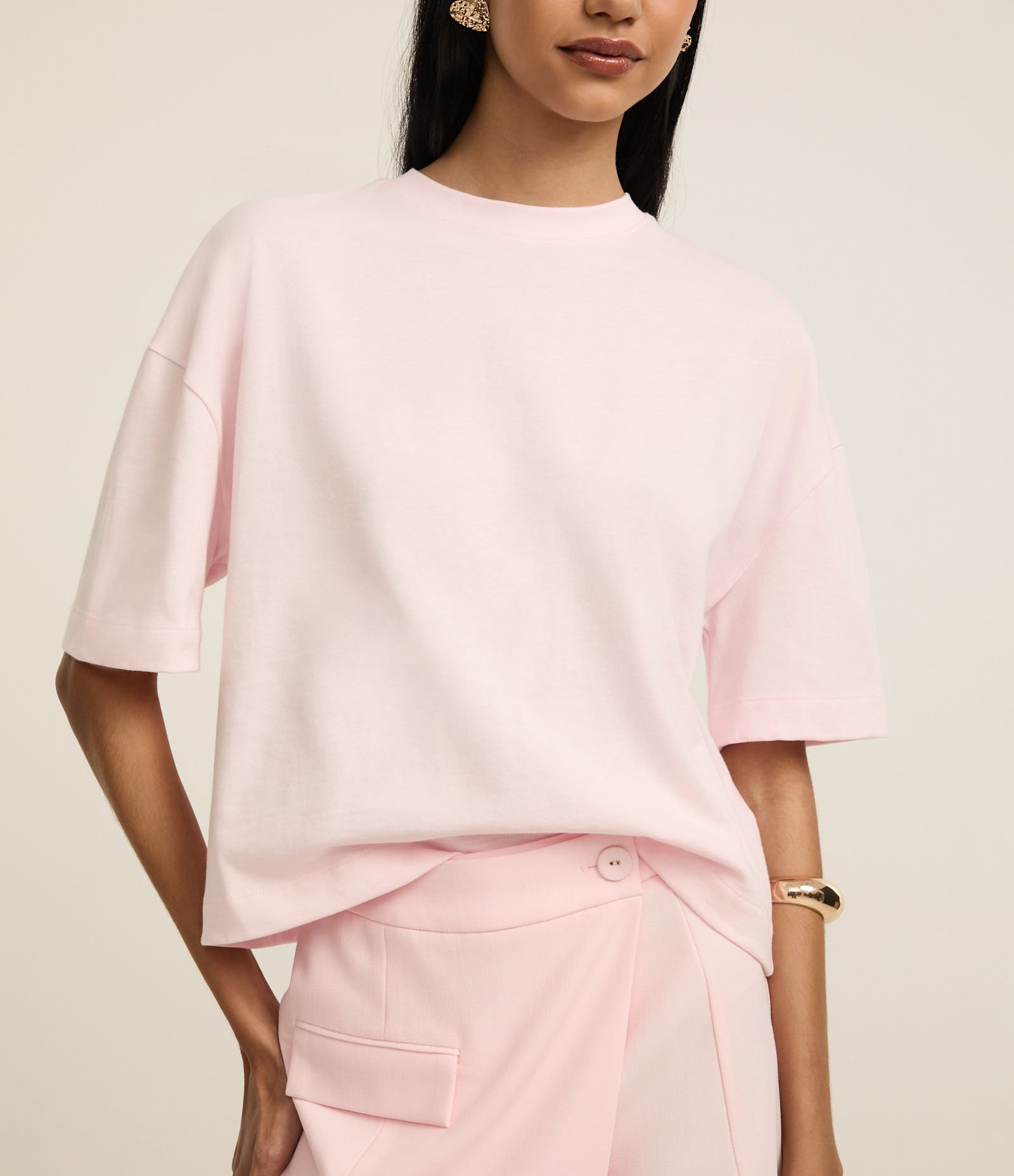 Camiseta Boxy em Algodão com Gola Redonda Rosa 3