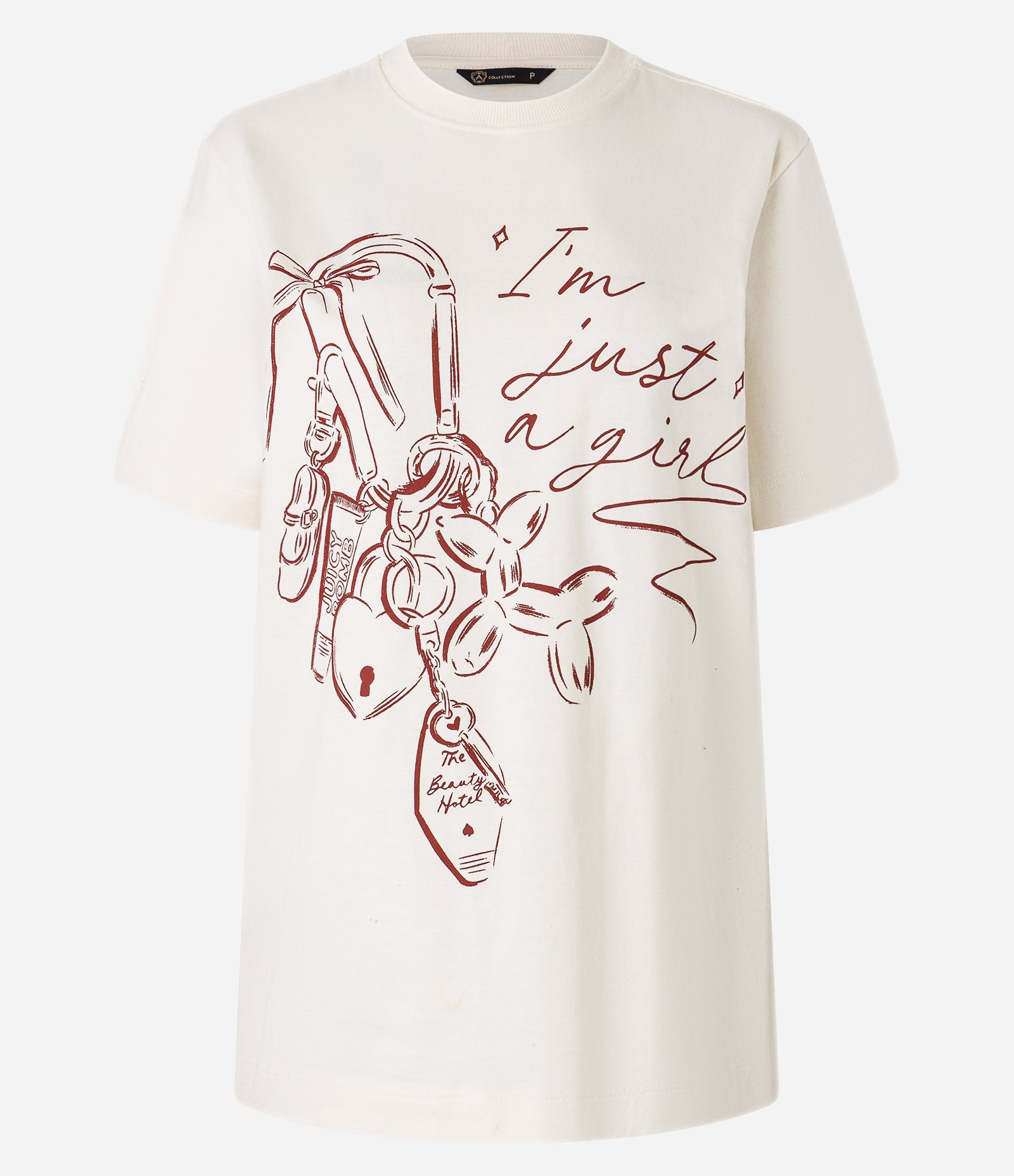 Camiseta em Algodão com Estampa Chaveiro Im Just a Girl Bege 7