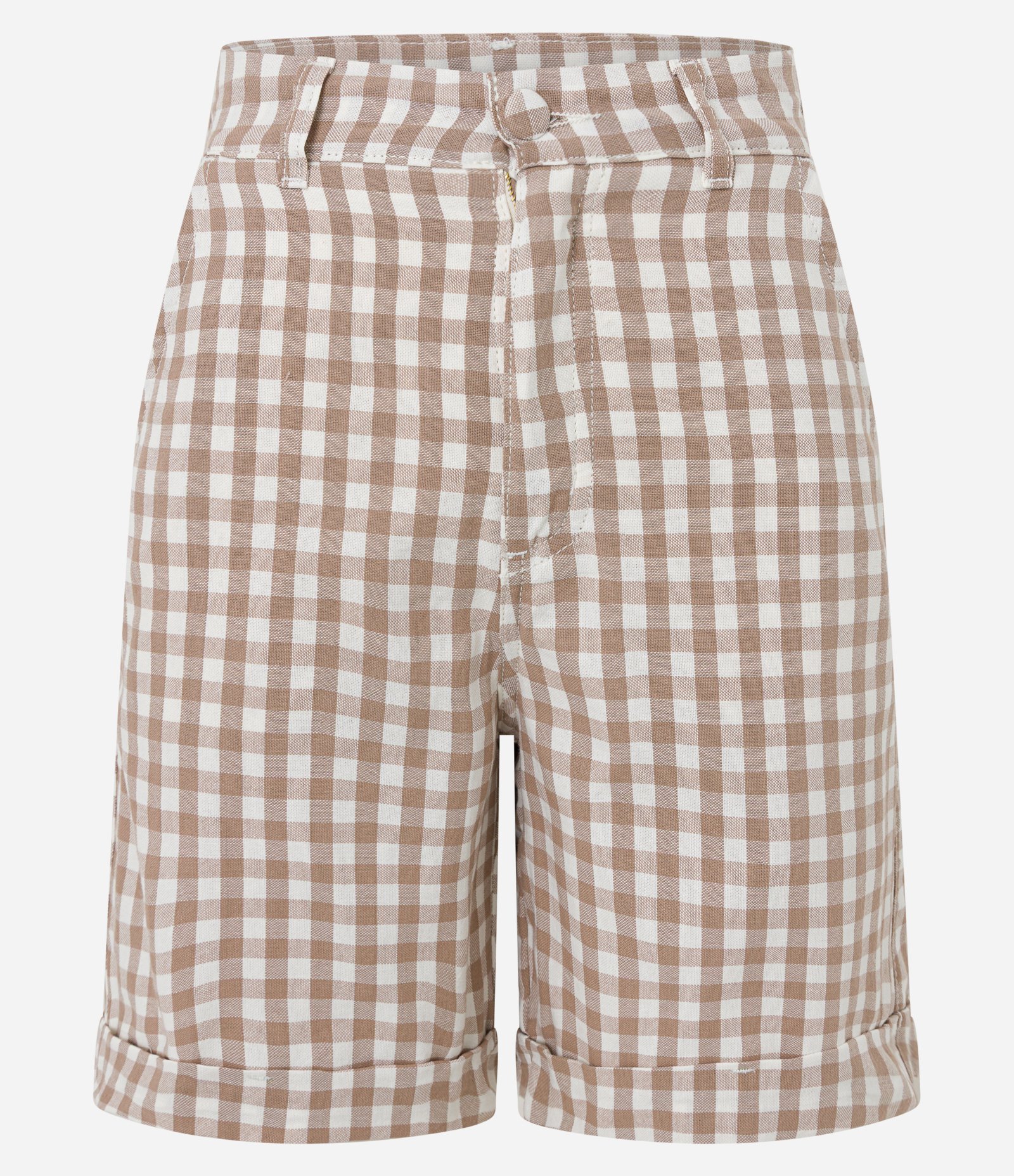 Short Alfaiatado em Sarja com Estampa Xadrez Vichy Bege 5