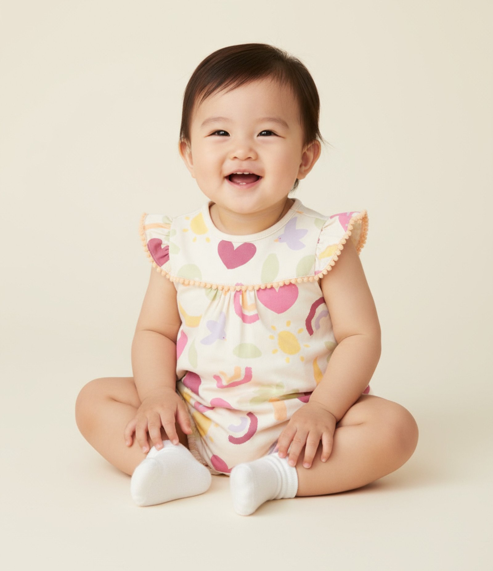 Macaquinho Infantil com Estampa Praia e Babadinhos - Tam RN a 18 meses Bege 1