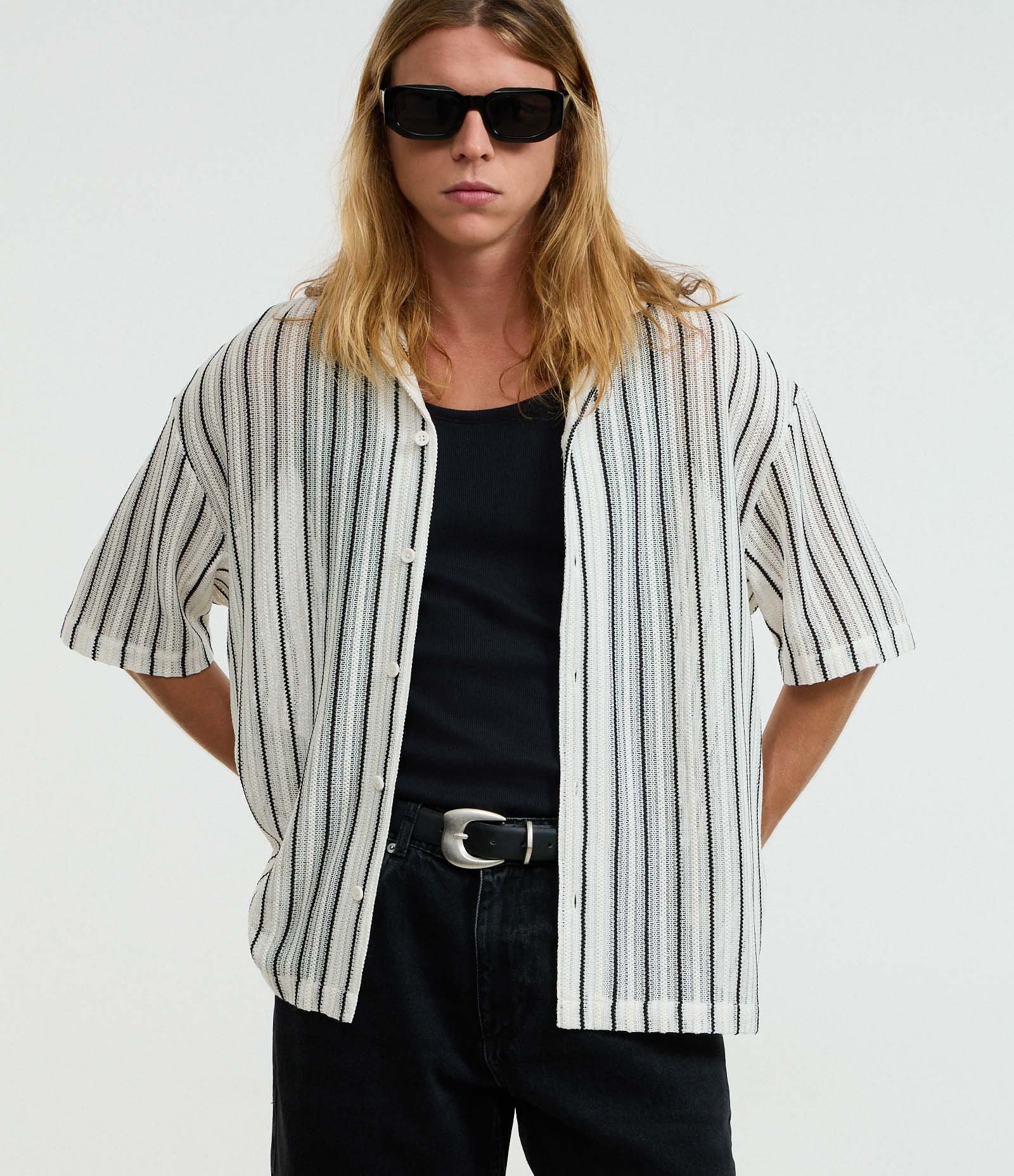 Camisa Boxy em Tricô com Estampa Listras Branco 7