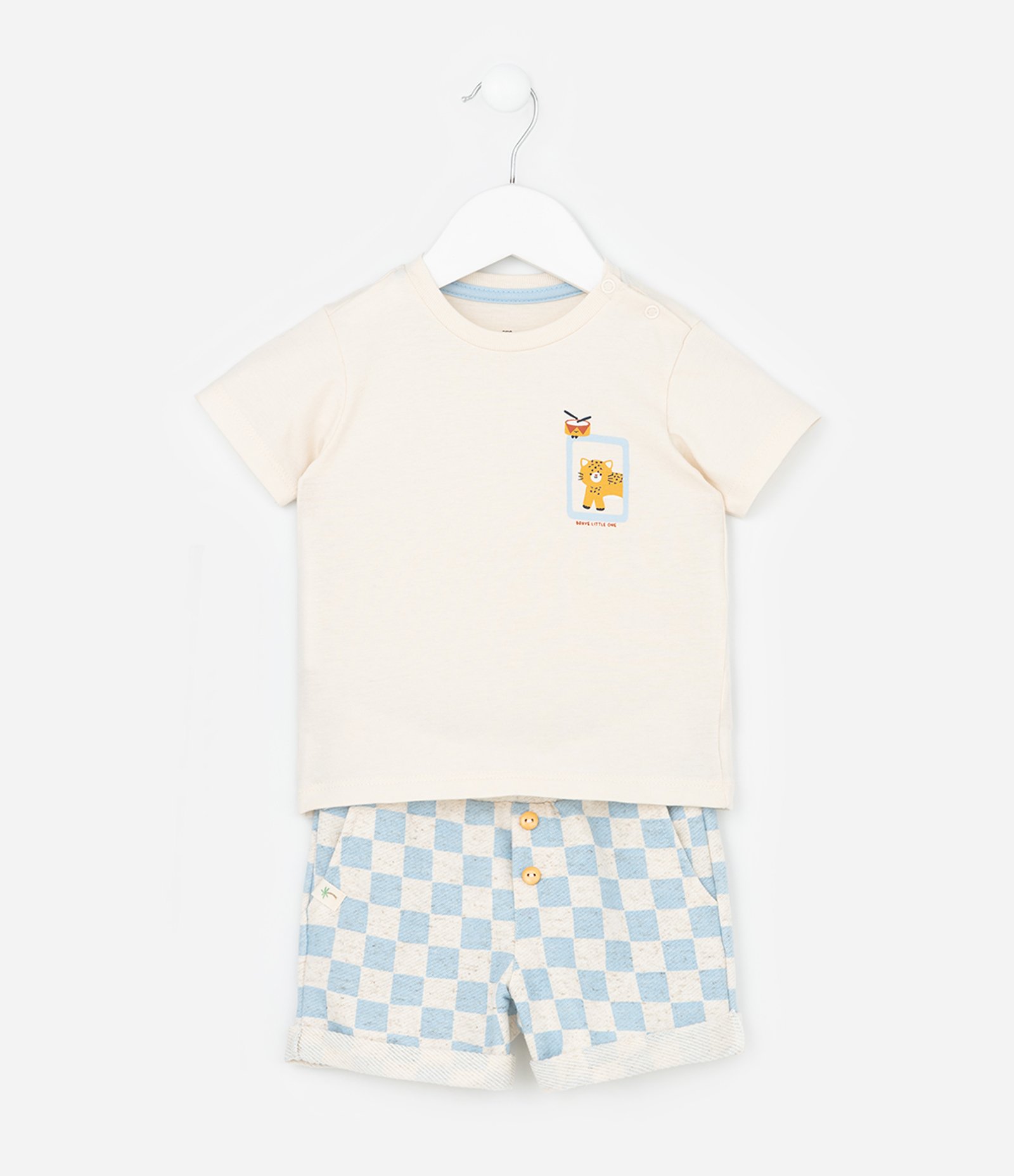 Conjunto Infantil em Moletom com Estampa Xadrez Vichy - Tam 0 a 18 Meses Bege/Azul 1