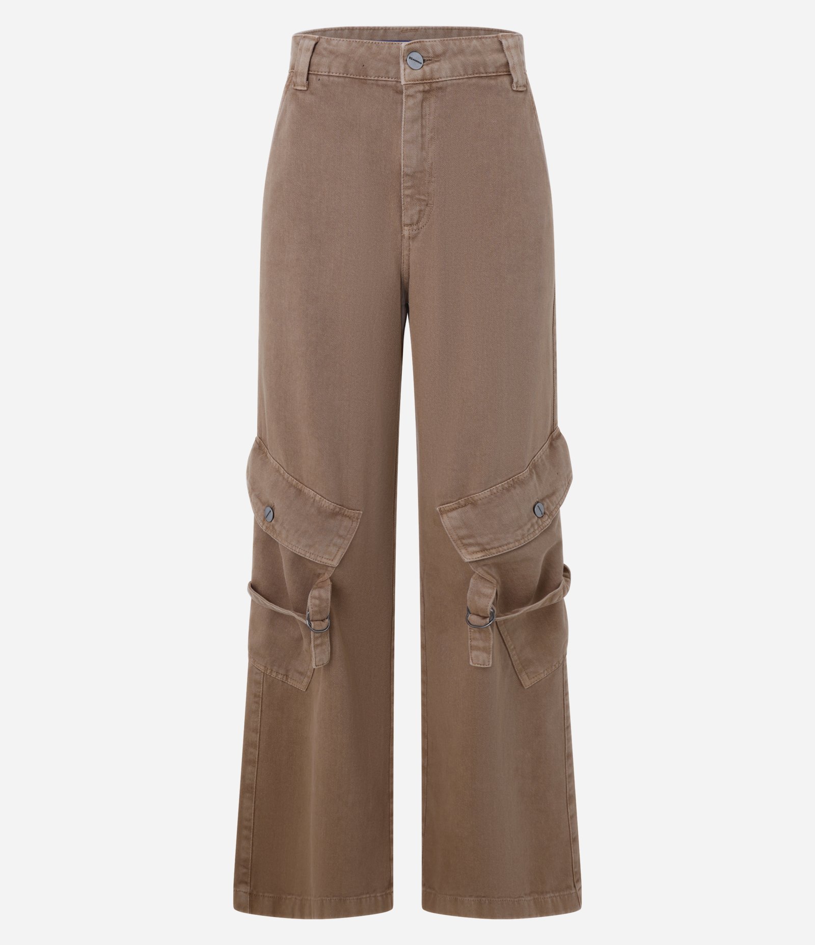 Calça Flare em Jeans com Bolsos Cargo Assimétricos e Aletas Marrom 6
