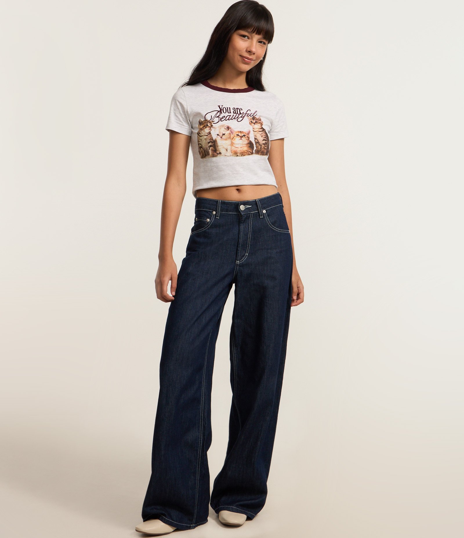 Blusa Baby Look em Algodão com Estampa Gatinhos Cinza 2