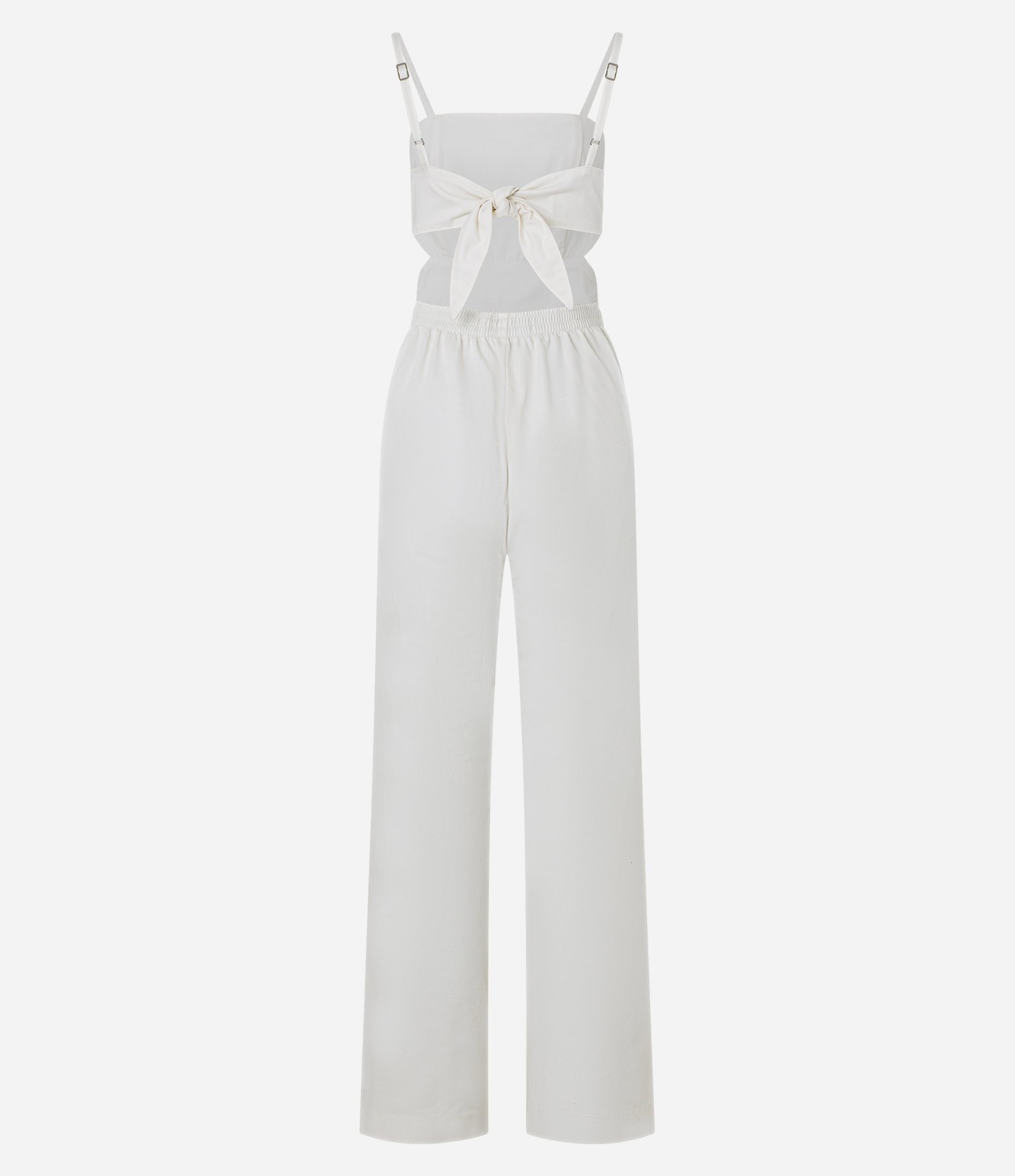 Macacão Longo em Sarja com Recorte na Cintura e Laço Branco 7