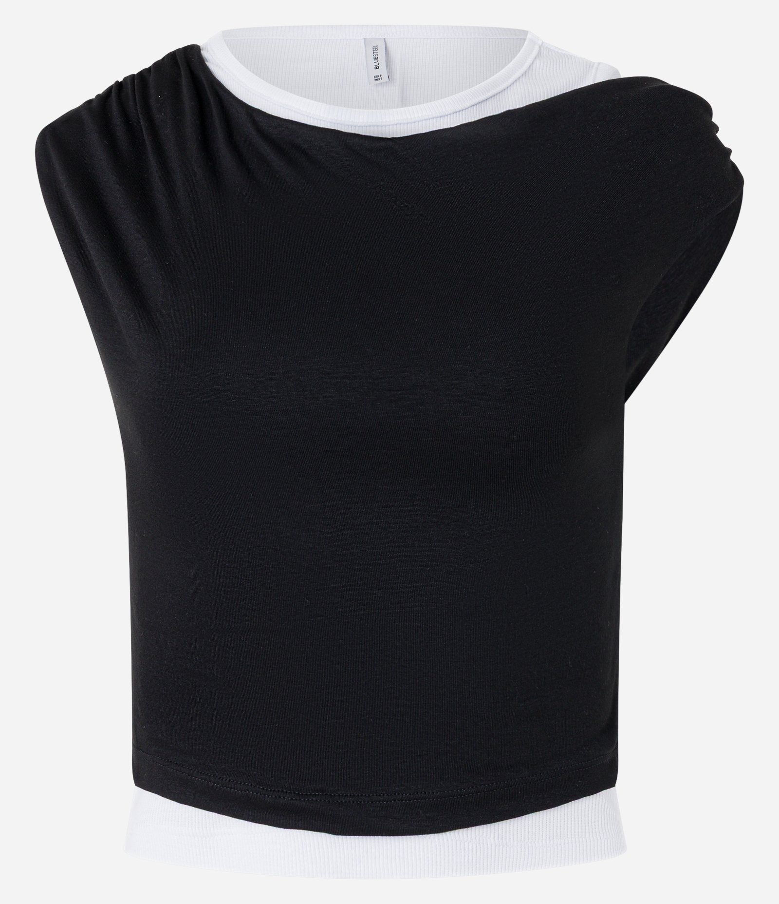 Blusa Regata Dupla com Sobreposição Ombro Caído e Drapeados Preto/Branco 4