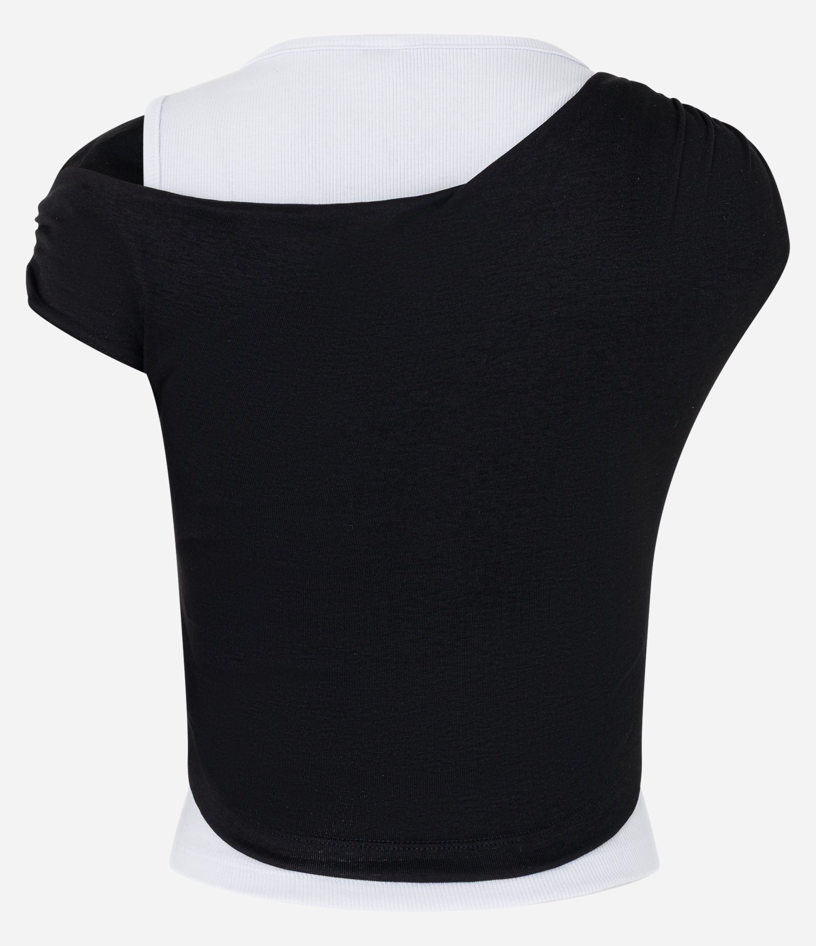 Blusa Regata Dupla com Sobreposição Ombro Caído e Drapeados Preto/Branco 5