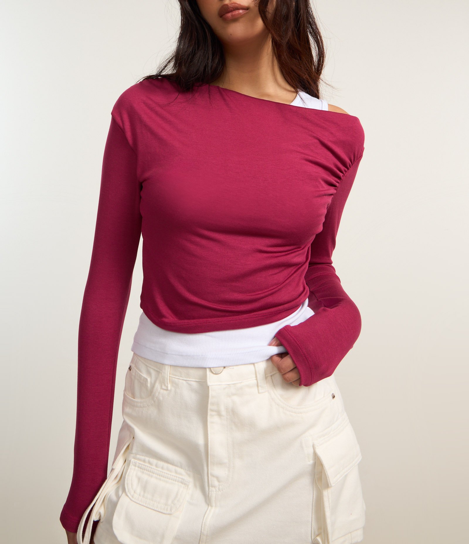 Blusa em Ribana Dupla Sobreposta com Drapeados Bordô 3