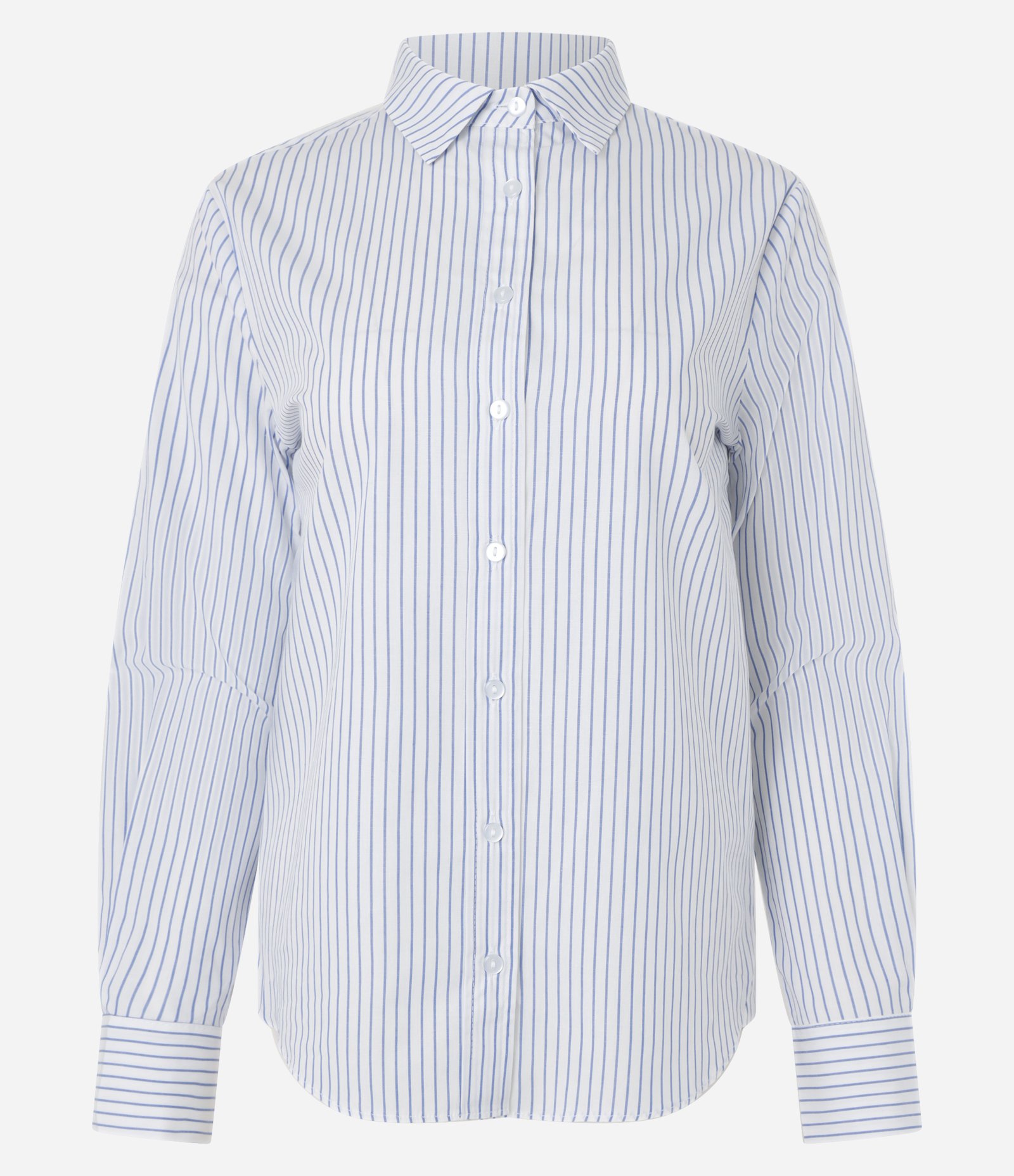 Camisa em Tricoline com Listras de Fio Tinto Azul/Branco 1