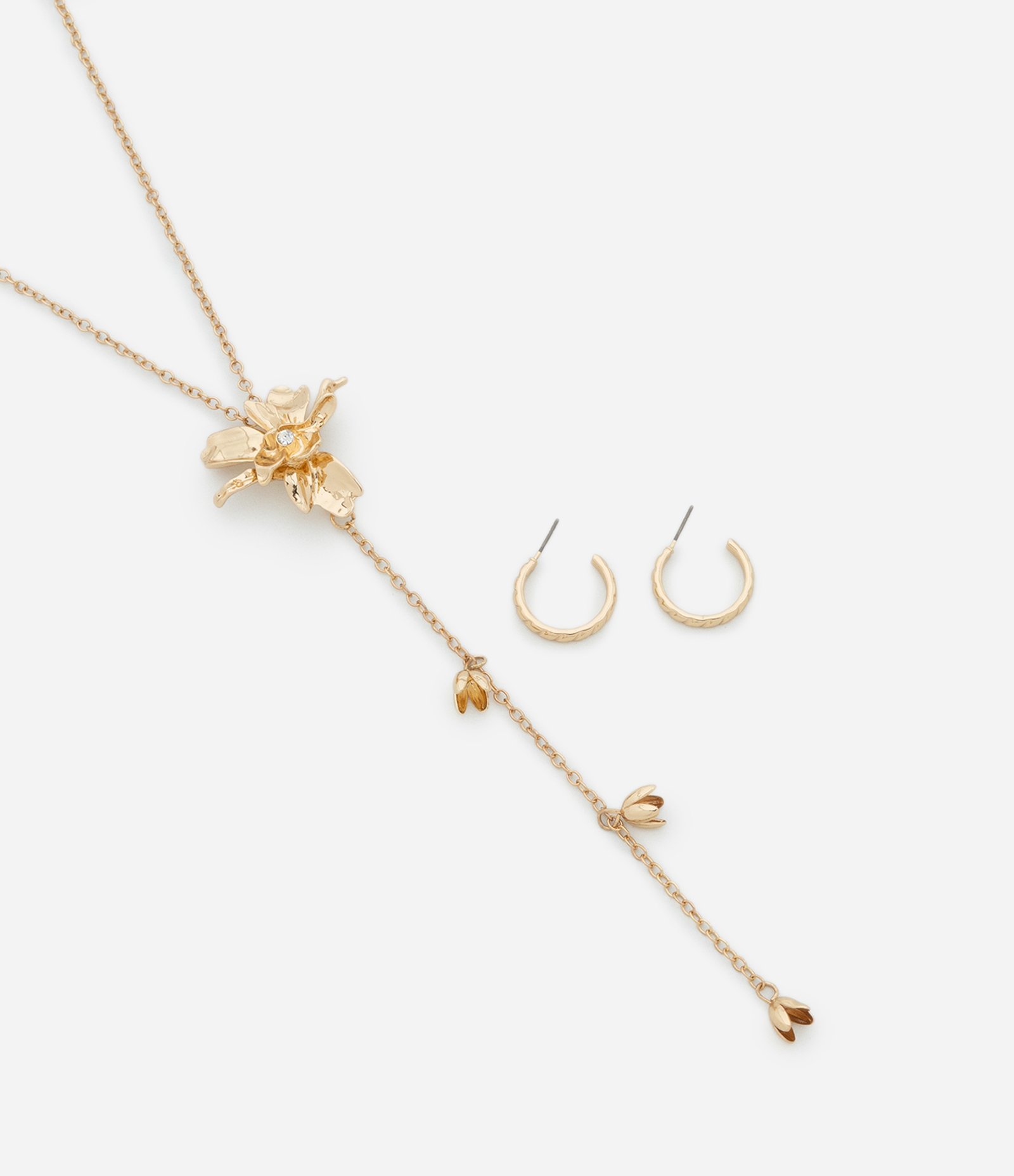 Conjunto de Colar e Brinco em Metal com Pingentes de Flor Dourado 2