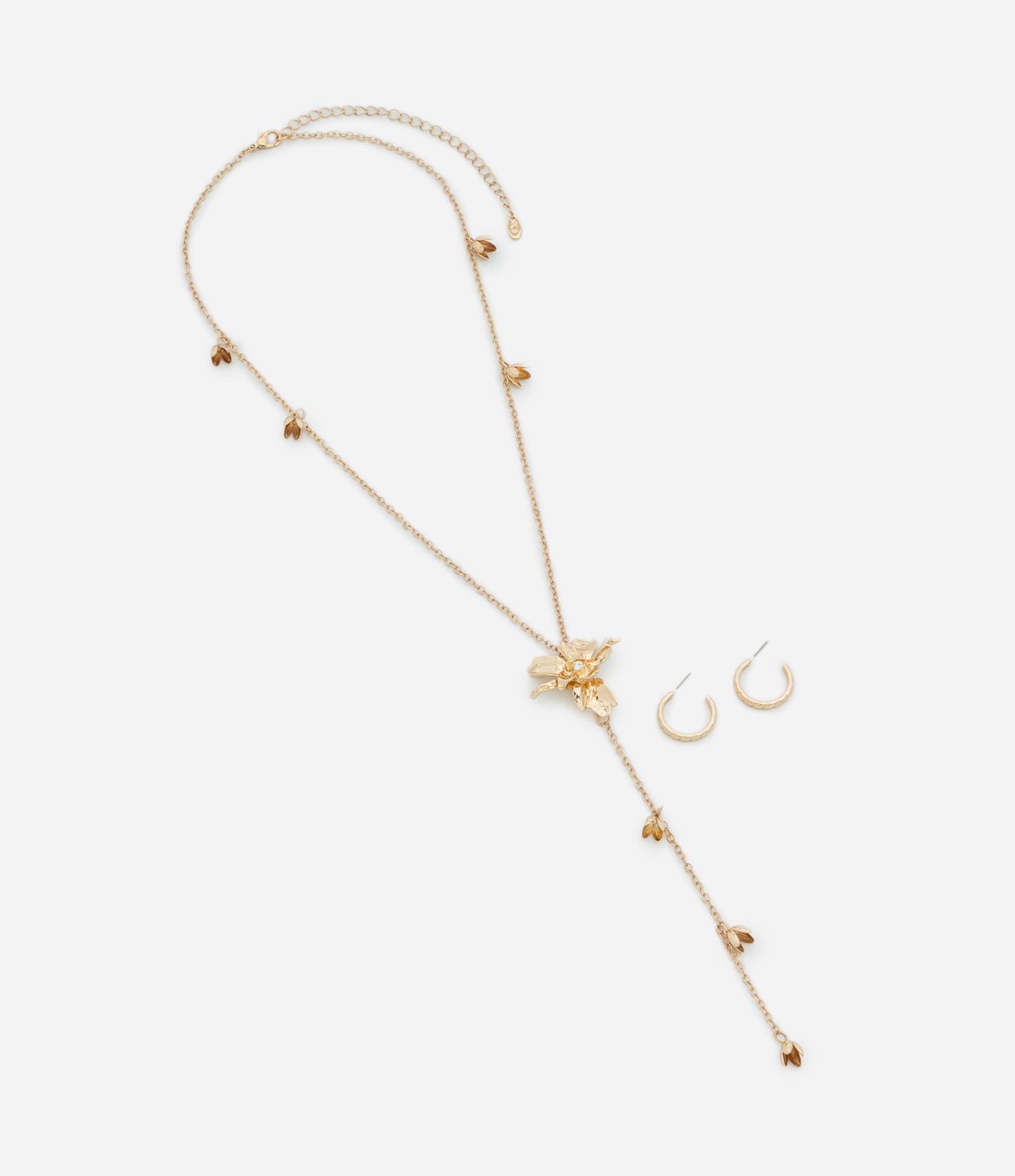 Conjunto de Colar e Brinco em Metal com Pingentes de Flor Dourado 3