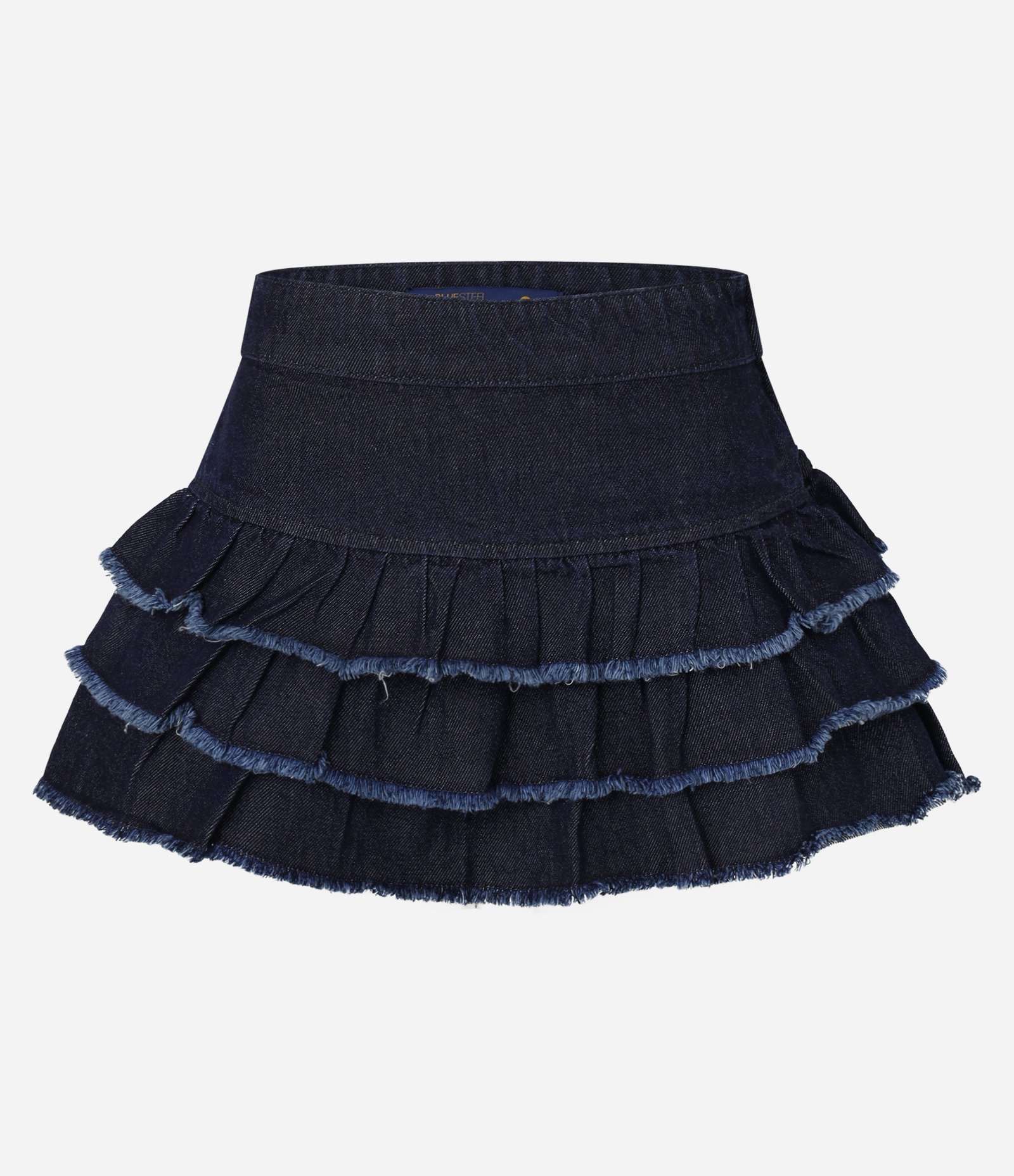 Short Saia em Jeans com Cintura Baixa e Babados na Barra Azul 5