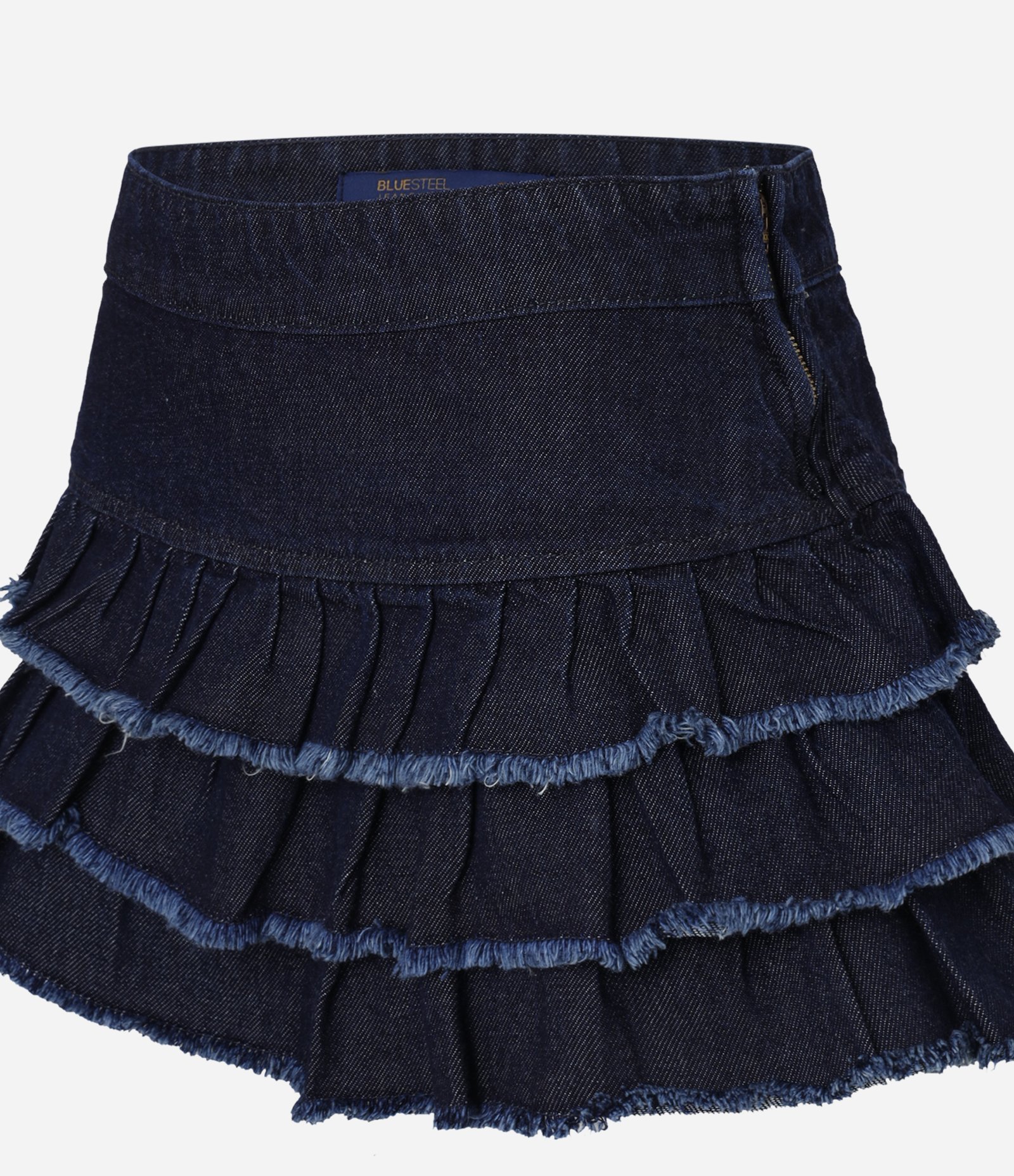 Short Saia em Jeans com Cintura Baixa e Babados na Barra Azul 6