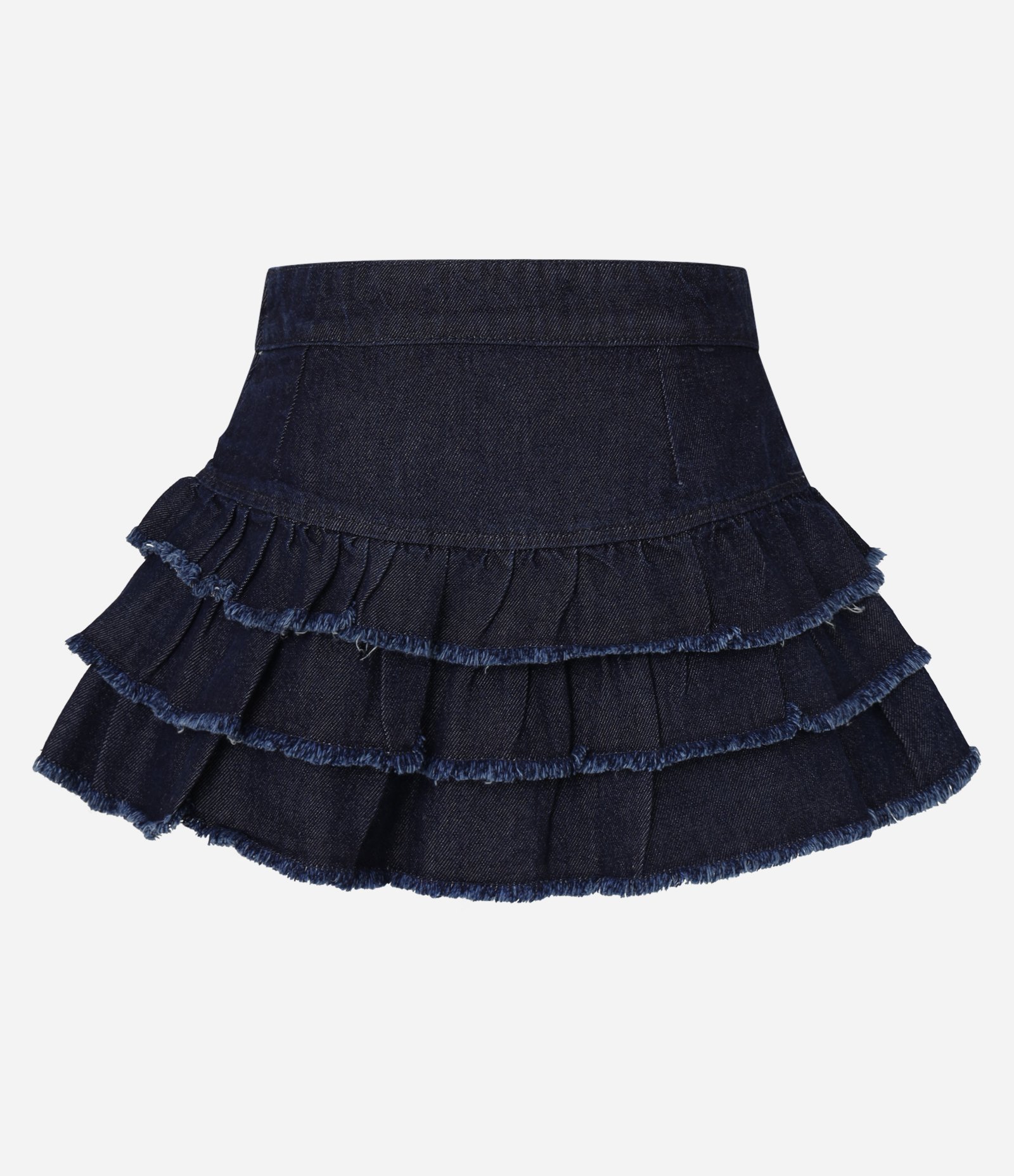 Short Saia em Jeans com Cintura Baixa e Babados na Barra Azul 7