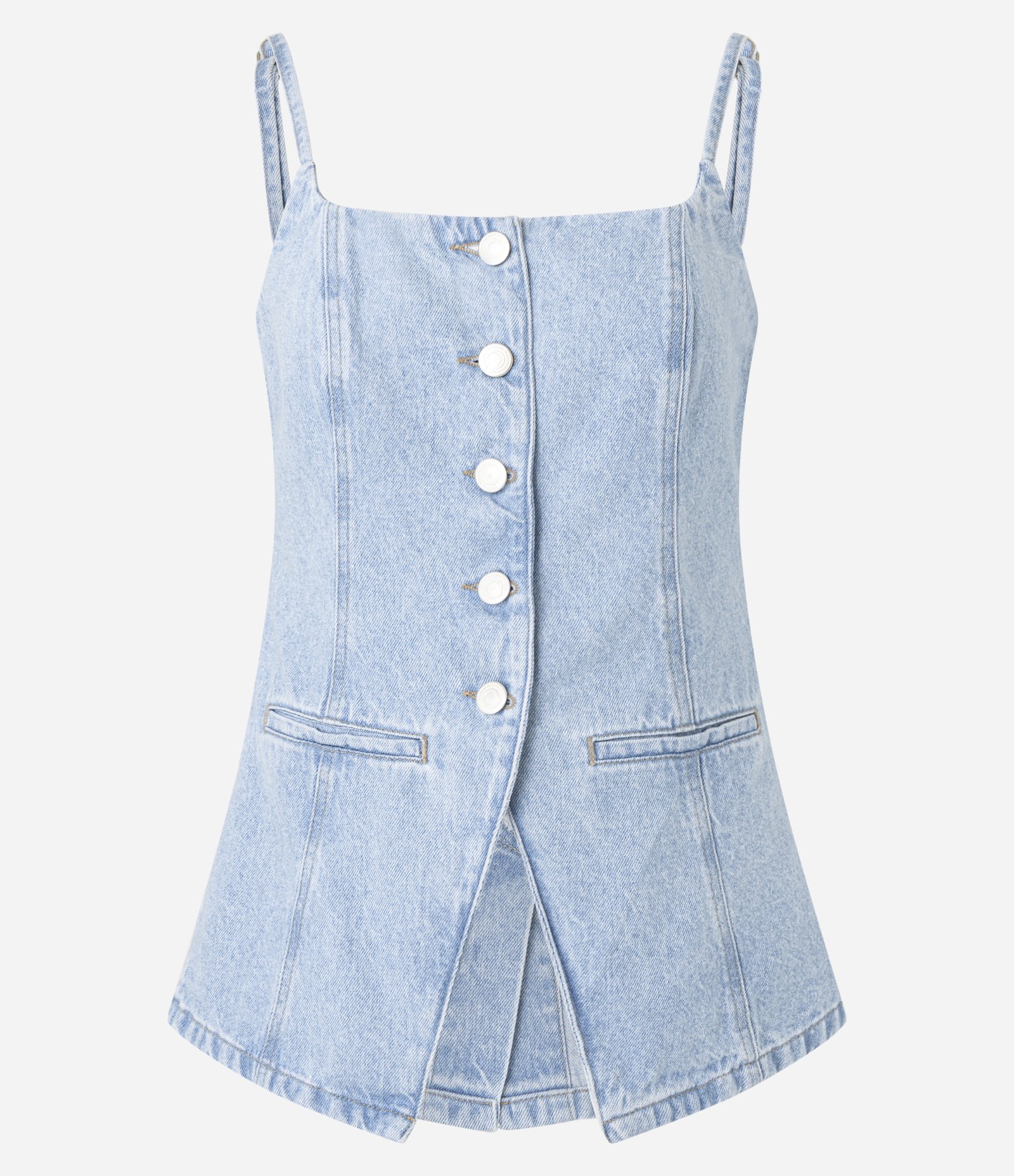 Colete Acinturado em Jeans com Botões e Barra V Azul 7