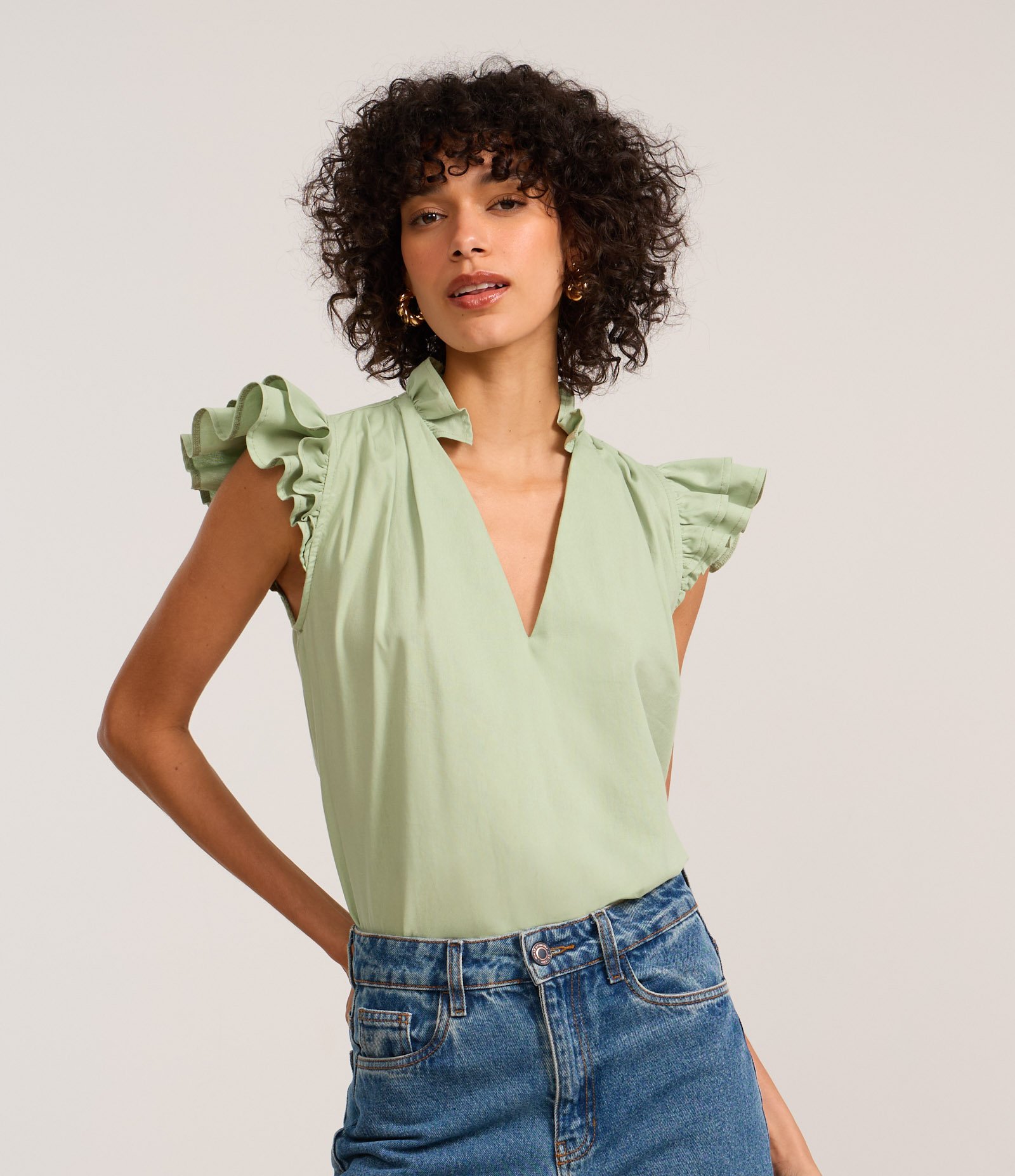 Blusa em Tricoline com Manga Borboleta e Babadinhos Verde 1
