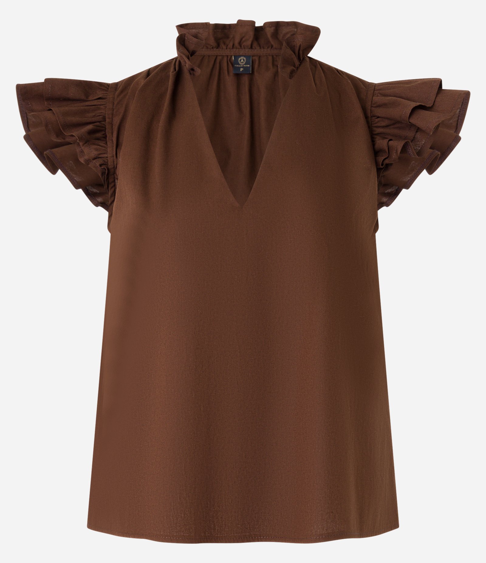 Blusa em Tricoline com Manga Borboleta e Decote em V com Gola Alta Marrom 4